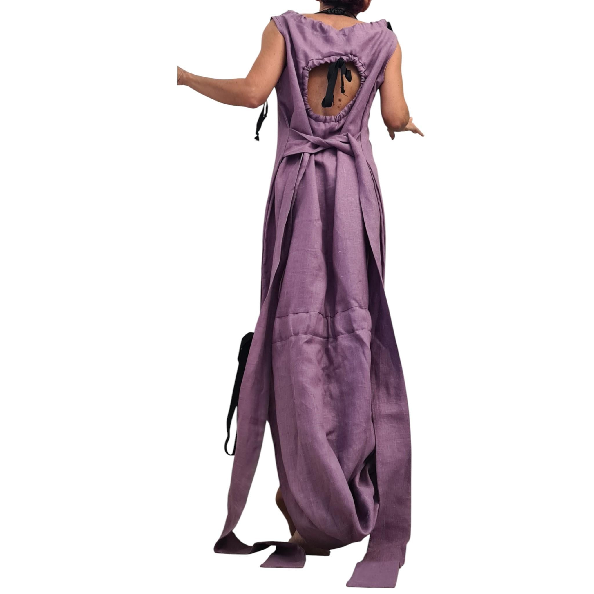 Lavender Linen Maxi Dress, Open Back, Asymmetric One Shoulder Design, Sleeveless Long Dress