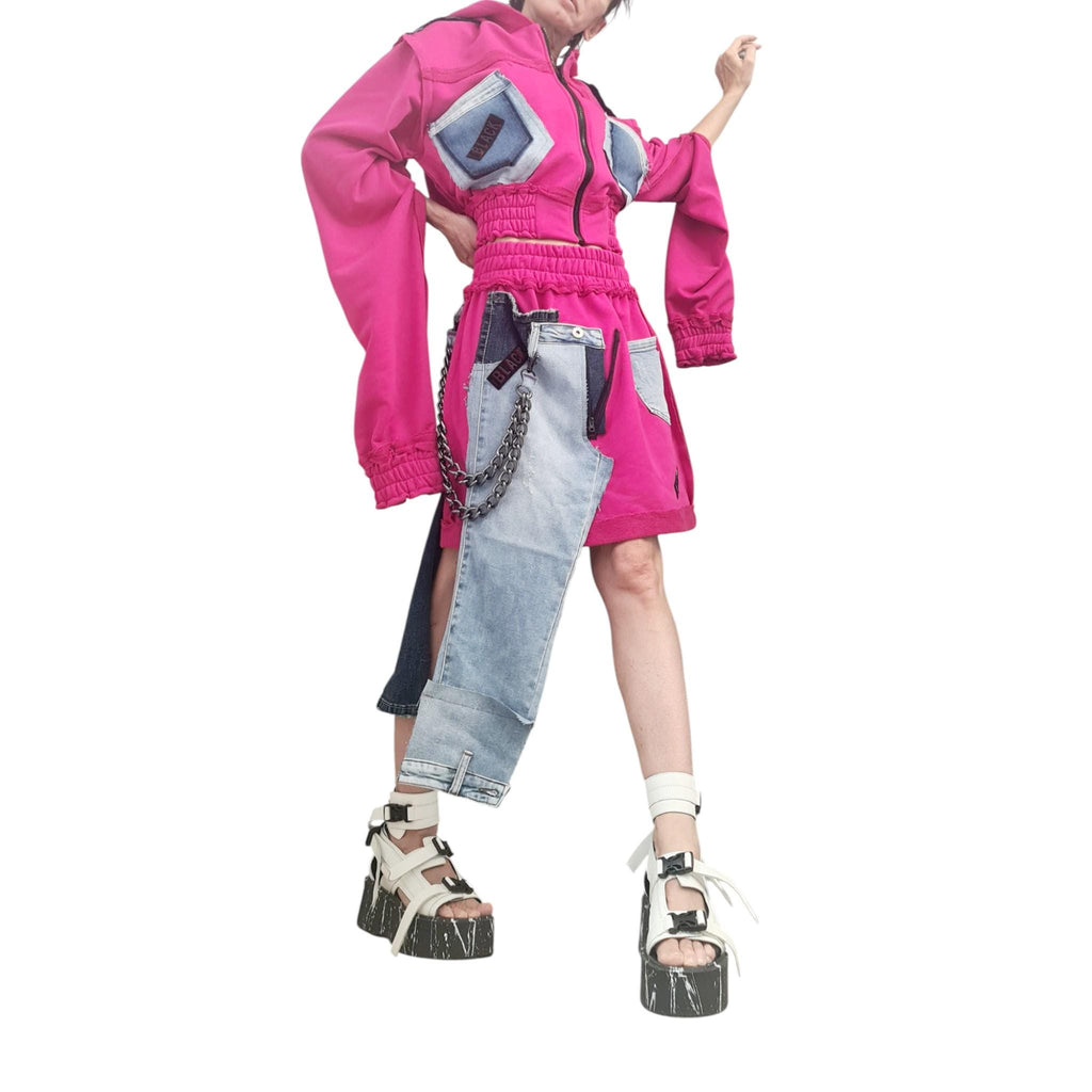 Handmade Fuchsia Cotton Denim Skirt Set, Asymmetrical Hooded Sweatshirt, Midi Skirt