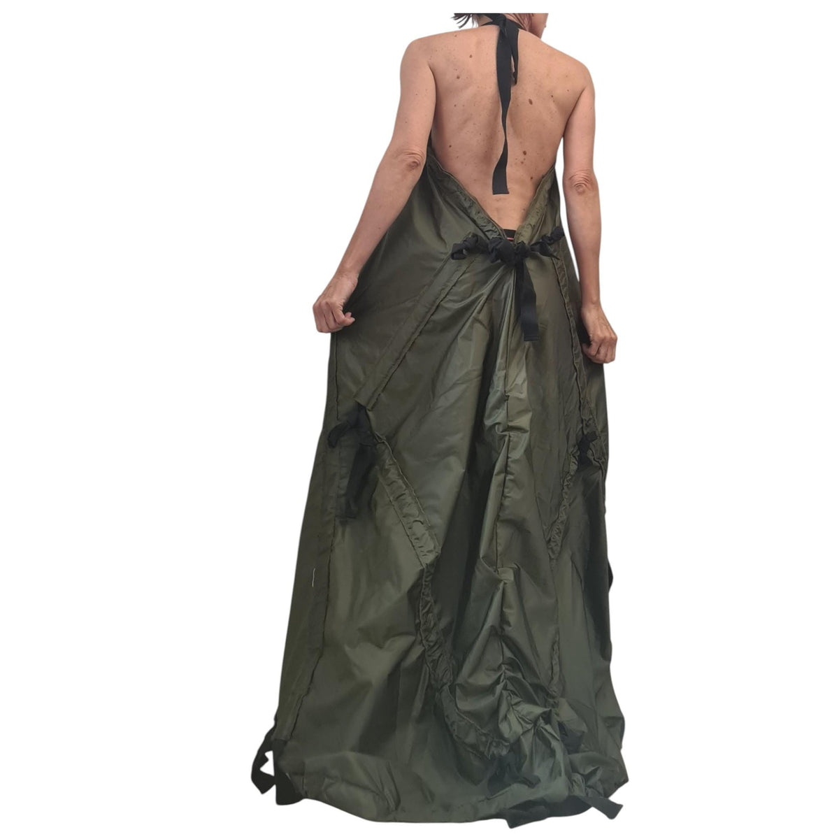 Military green Maxi Dress, Bare back, Sleeveless Extravagant Dress
