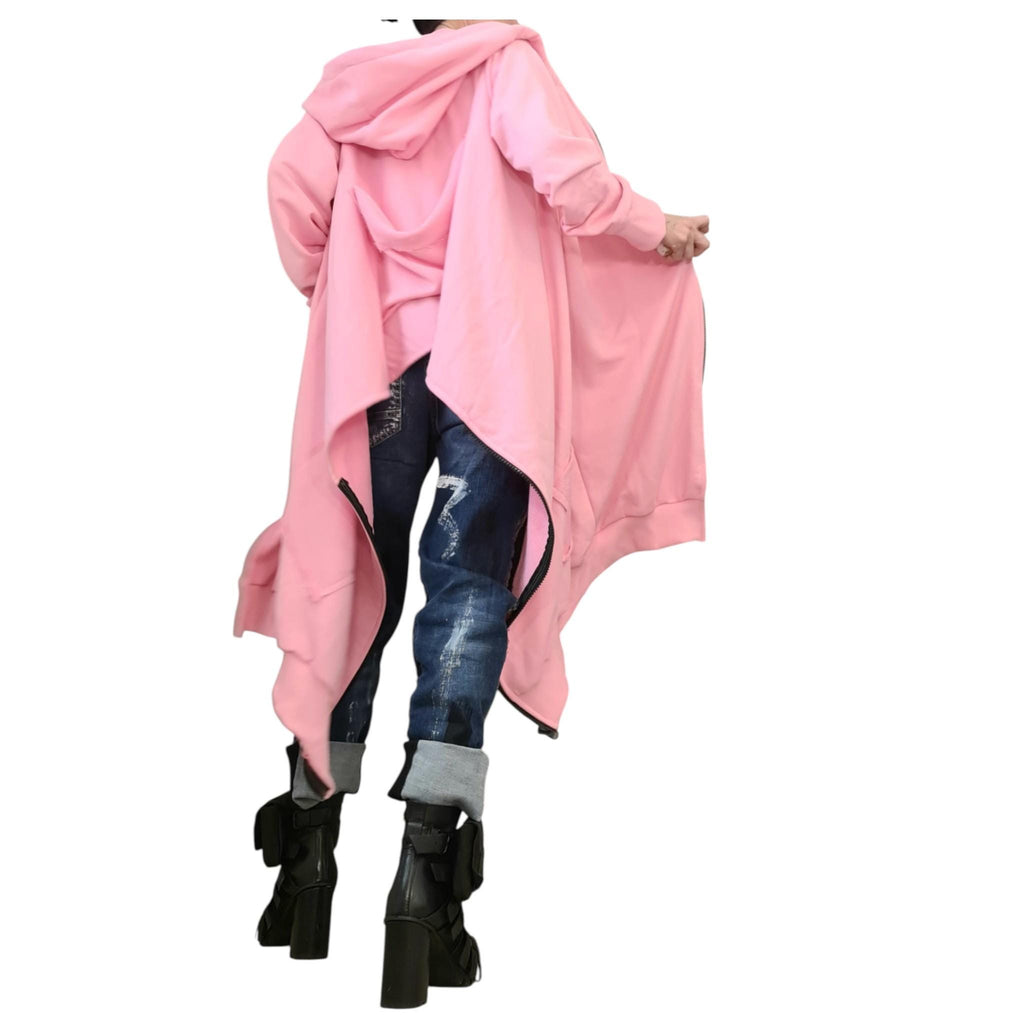 Pink Asymmetrical Hooded Sweatshirt, Cropped Back Cotton Jacket, Long Side Panels