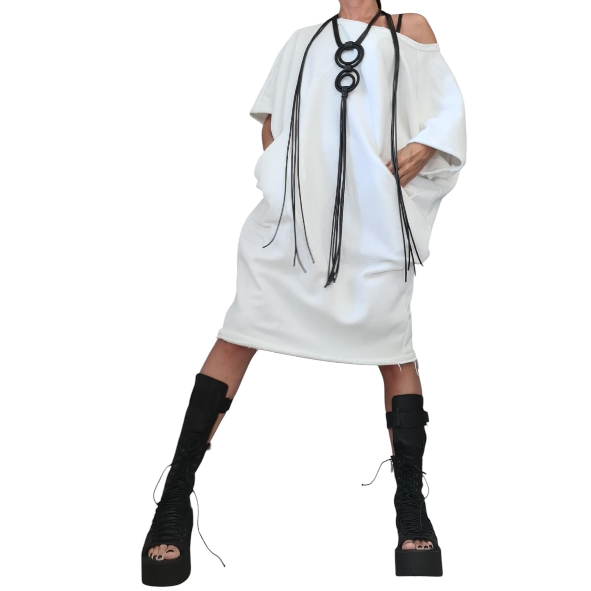 White Cotton Tunic Dress Knee Length | Asymmetric Blouson Cut | fashion for women | architectural