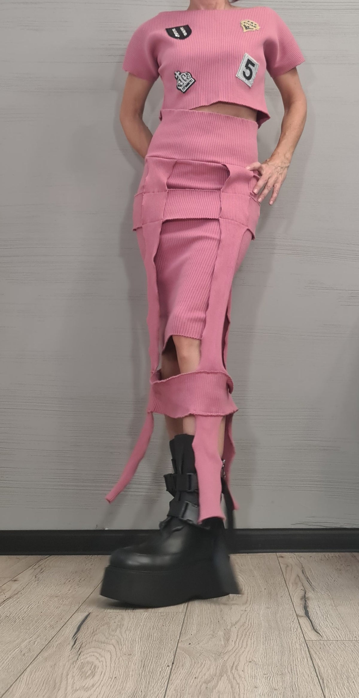 Pink Ribbed Maxi Pencil Skirt, Cropped Short-Sleeve Appliqué Top, Cutout Panels, Two-Piece Co-Ord Set