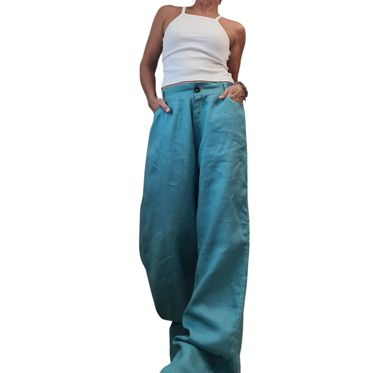 Petrol Blue Wide Leg Pants, Linen Palazzo, Boho Trousers, Designer Pocket Detail