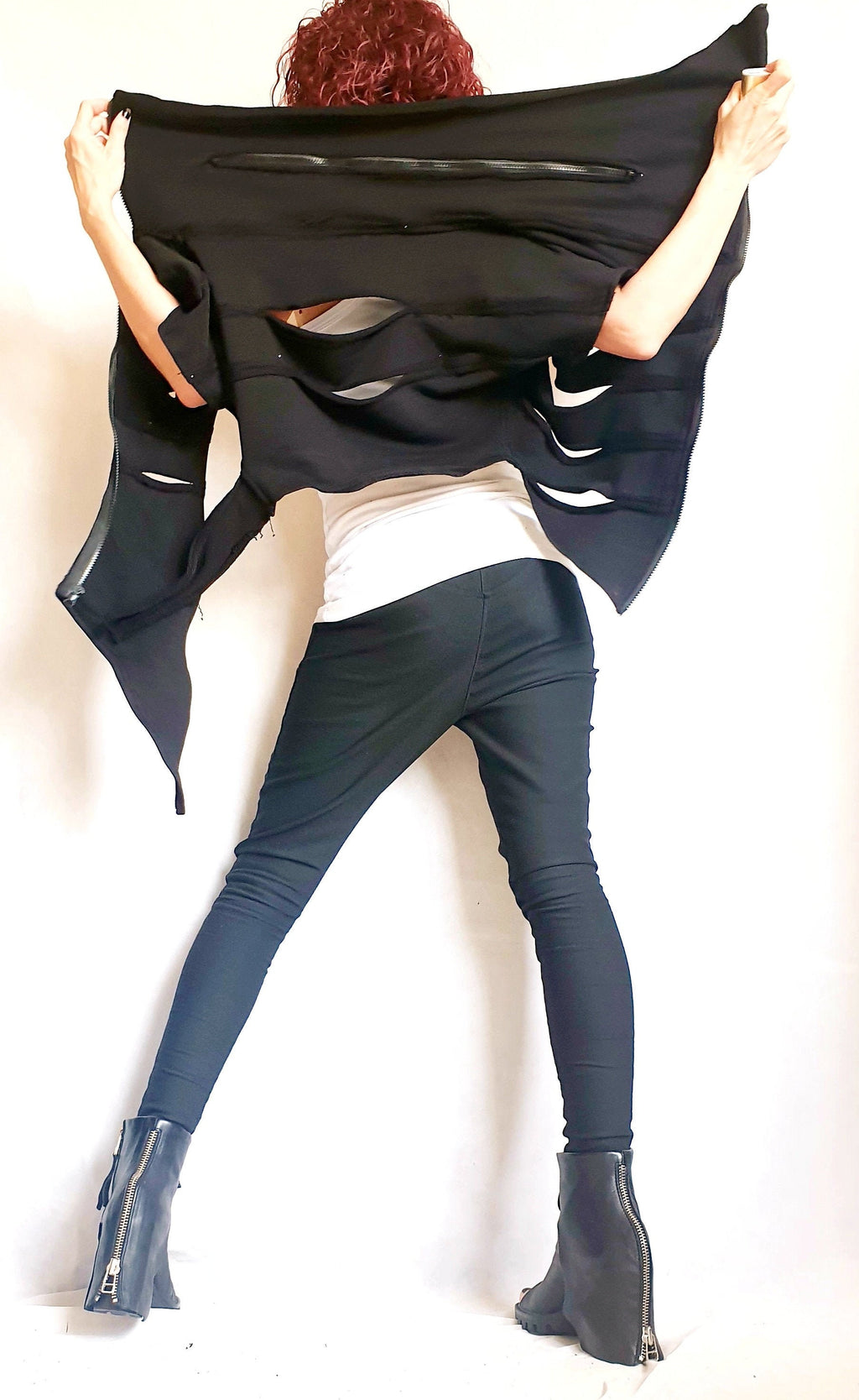 Black Asymmetric Cotton Vest, Slashed High Neck Top, Gothic Sleeveless Blouse