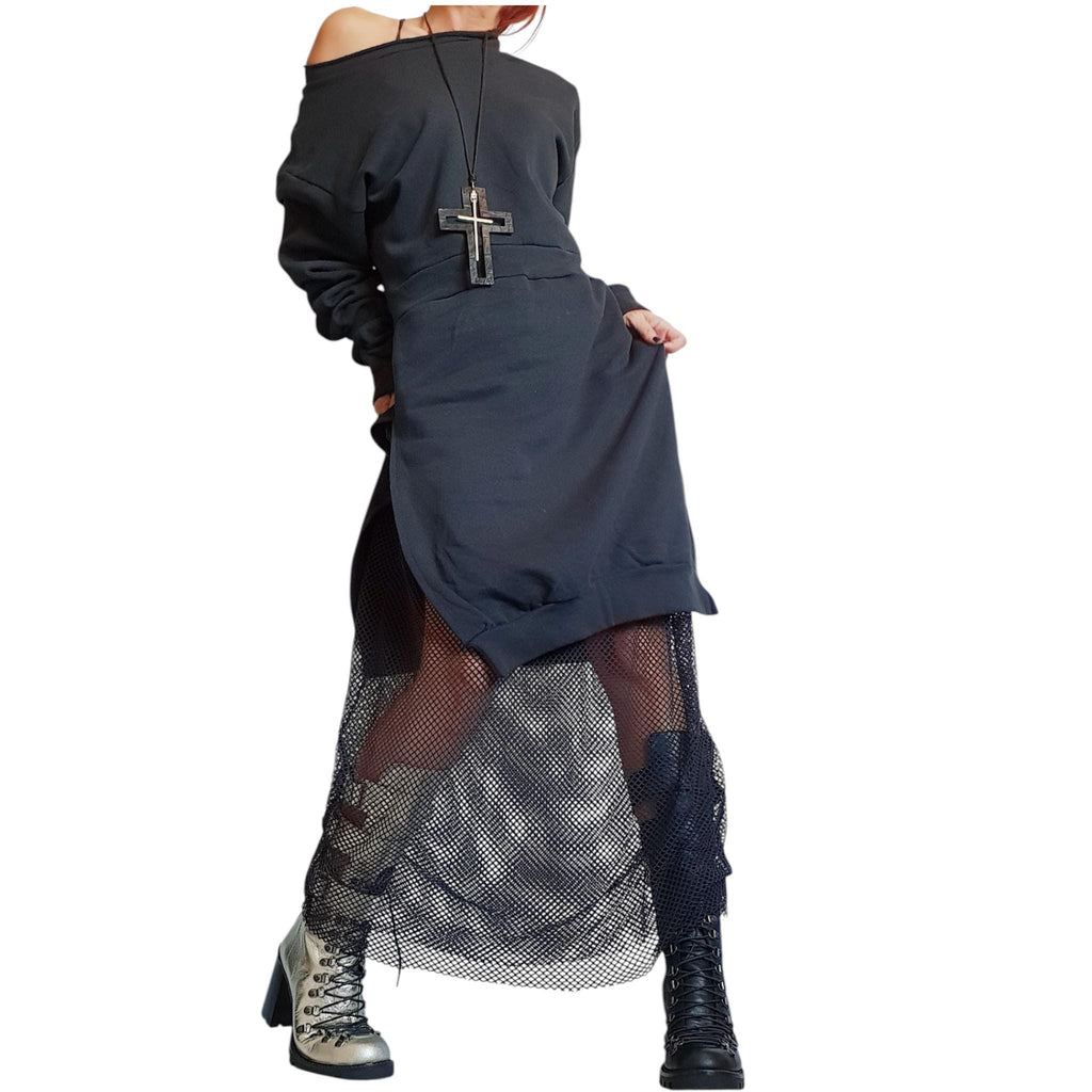 Long Gothic Dress: Black Cotton, Asymmetric Design - Boho Style
