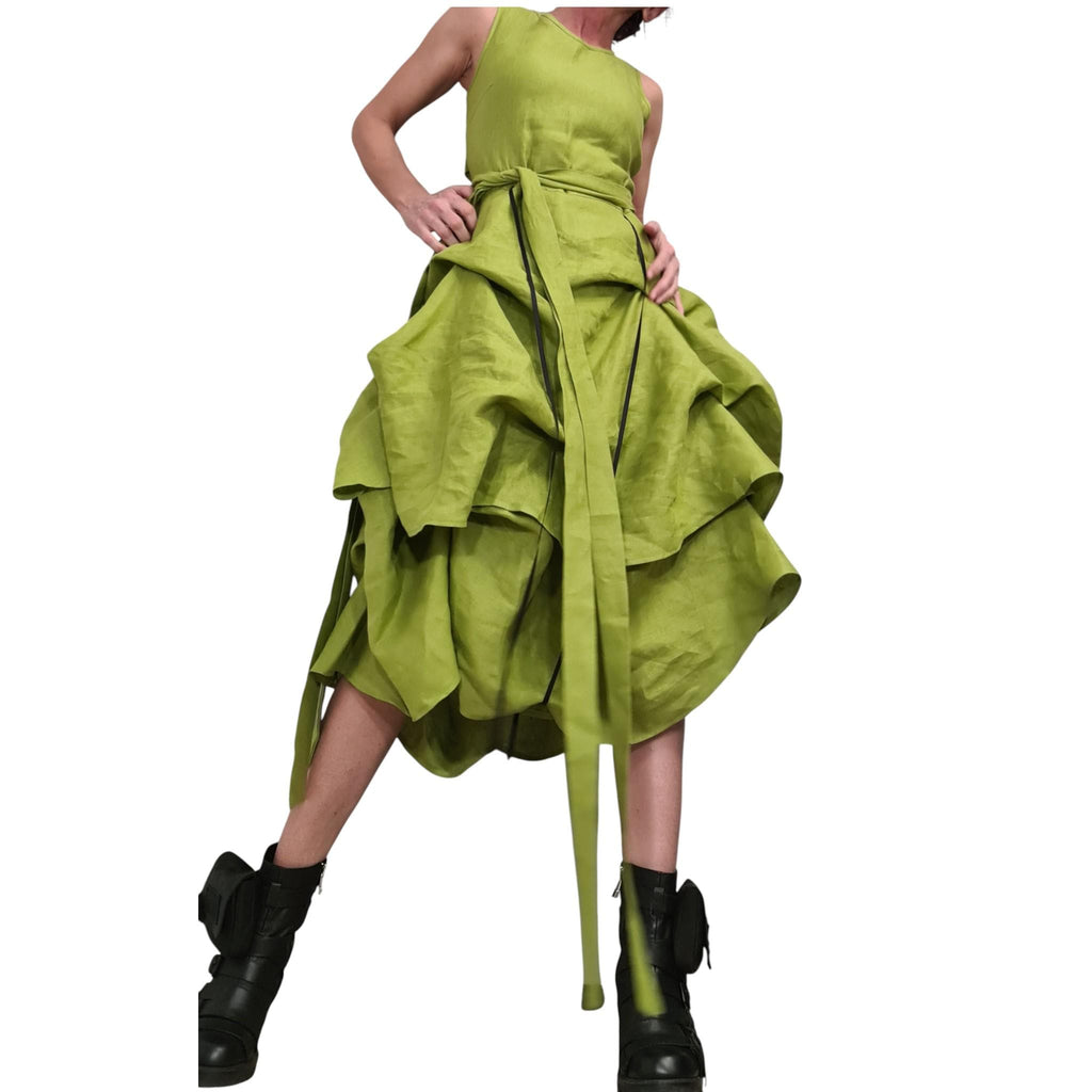 Lime Linen Asymmetric Dress for Women, Sleeveless Layered Midi Dress, Adjustable Avant garde Skirt