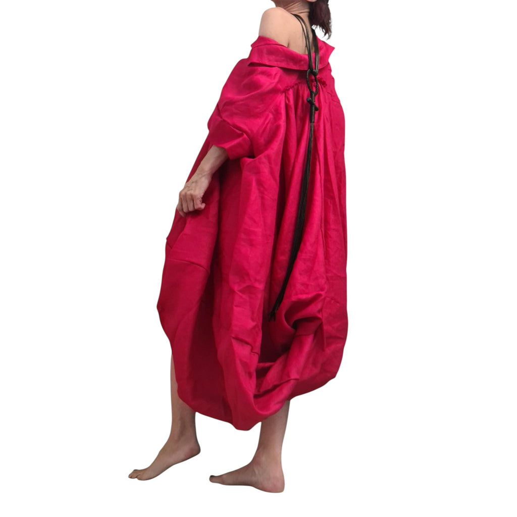 Red Oversized Linen Tunic Dress | Voluminous Mid Calf Length