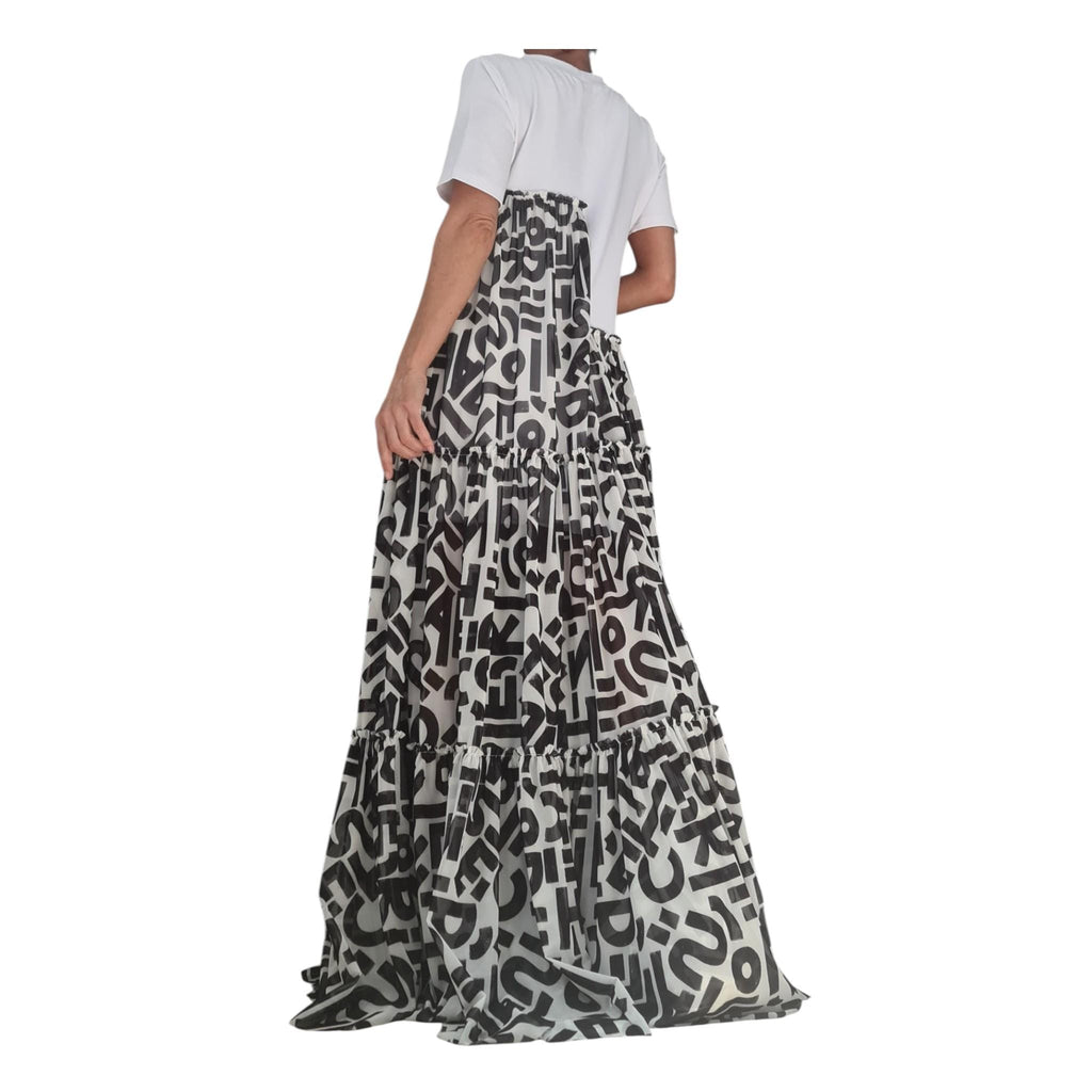 Black White Graphic Maxi Dress, Artistic Tiered T-Shirt Dress, Handmade Avant Garde Summer Clothing