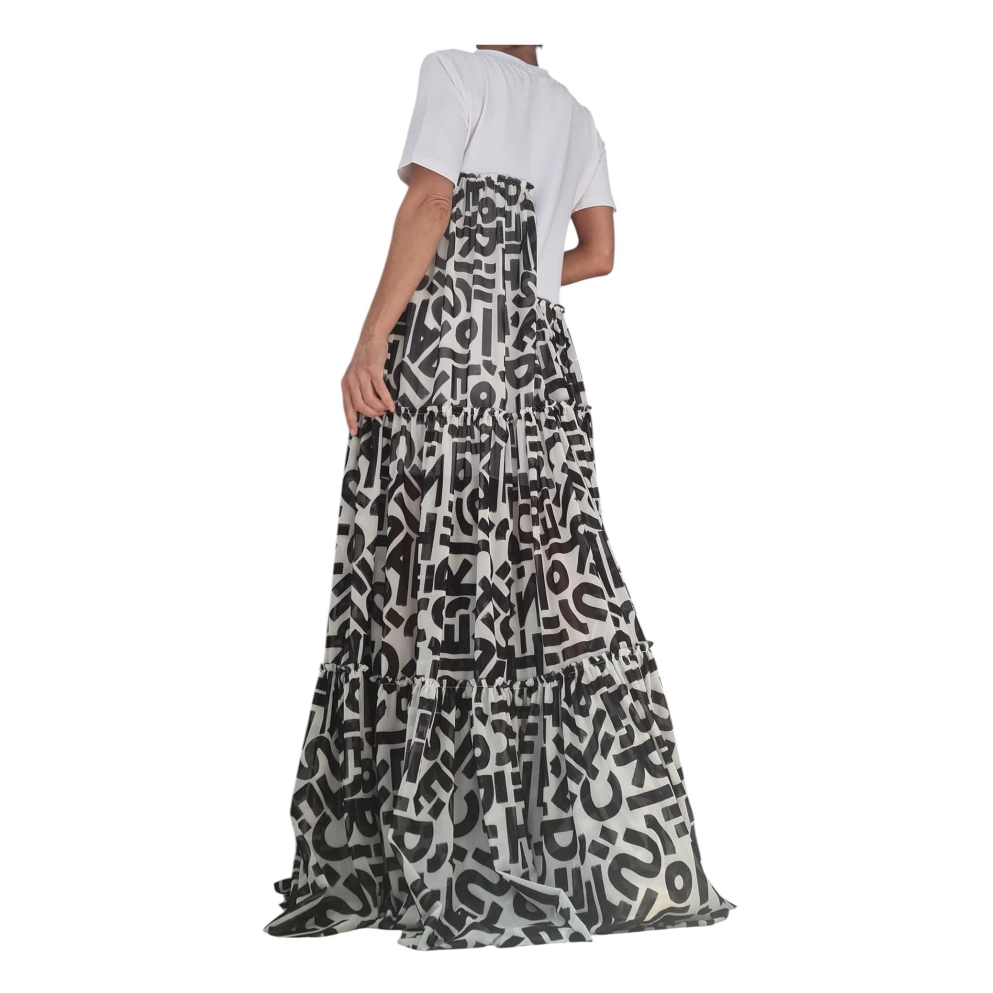 Black White Graphic Maxi Dress, Artistic Tiered T-Shirt Dress, Handmade Avant Garde Summer Clothing