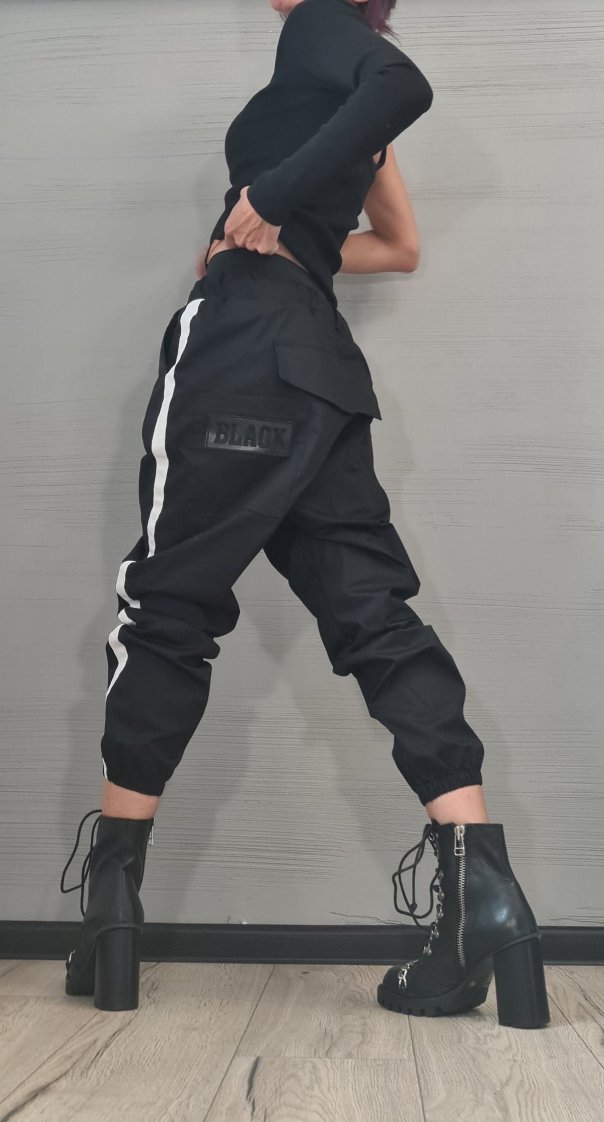Beige Cargo Jogger Pants, Drop Crotch Trousers, Black Side Stripes, Elastic Waist, Multiple Pockets