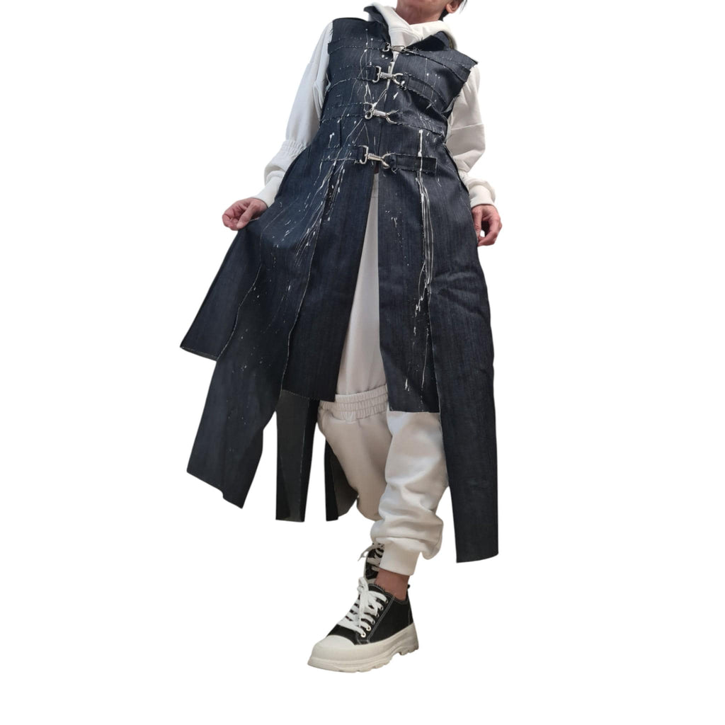 Asymmetric Denim Long Vest Hand Painted Deconstructed Jean Jacket Streetwear Handmade Clothing for Women