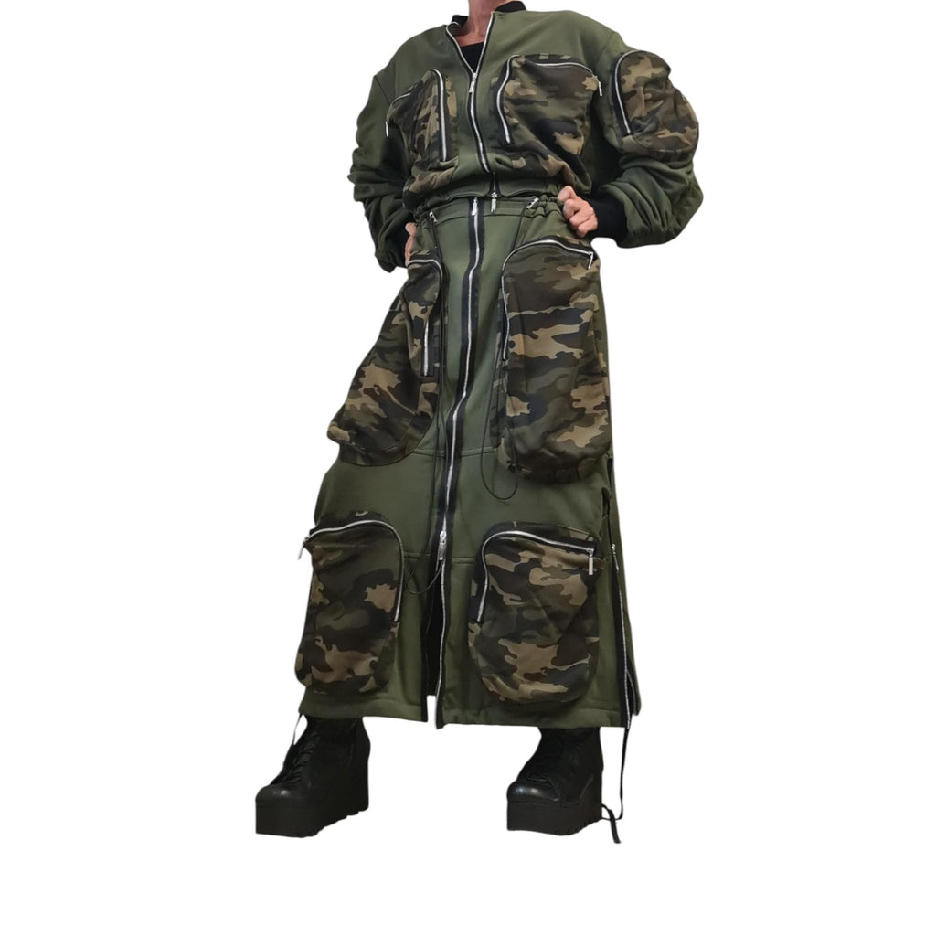 Olive Camo Cropped Bomber Jacket, Oversized Sleeves, Multiple Zip Pockets, Military Style, Plus Size