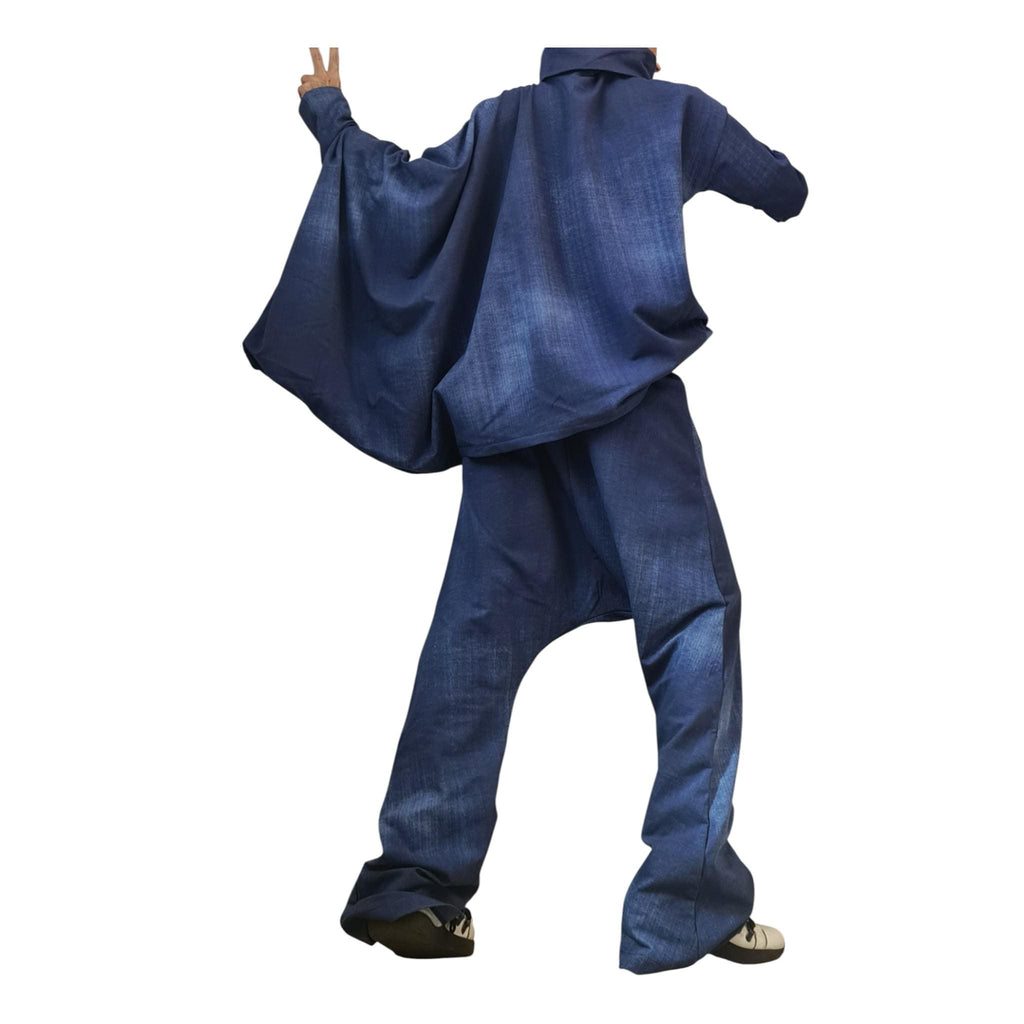 Plus Size Outfit Women, symmetric Sleeve Blouse, Harem Pants, Denim Look Cotton Fabric