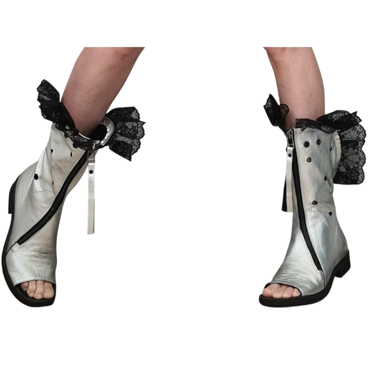 White Open Toes Summer Boots, Lace Ankle Leather Shoes, Extravagant Wedding Booties