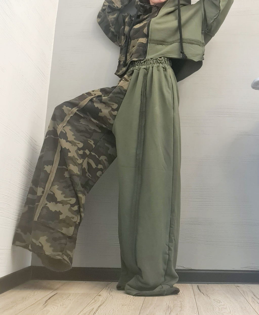 Olive Green Cotton Wide Leg Pants, Cropped Oversized Hoodie, Camouflage Panels, Two-Piece Co-Ord Set