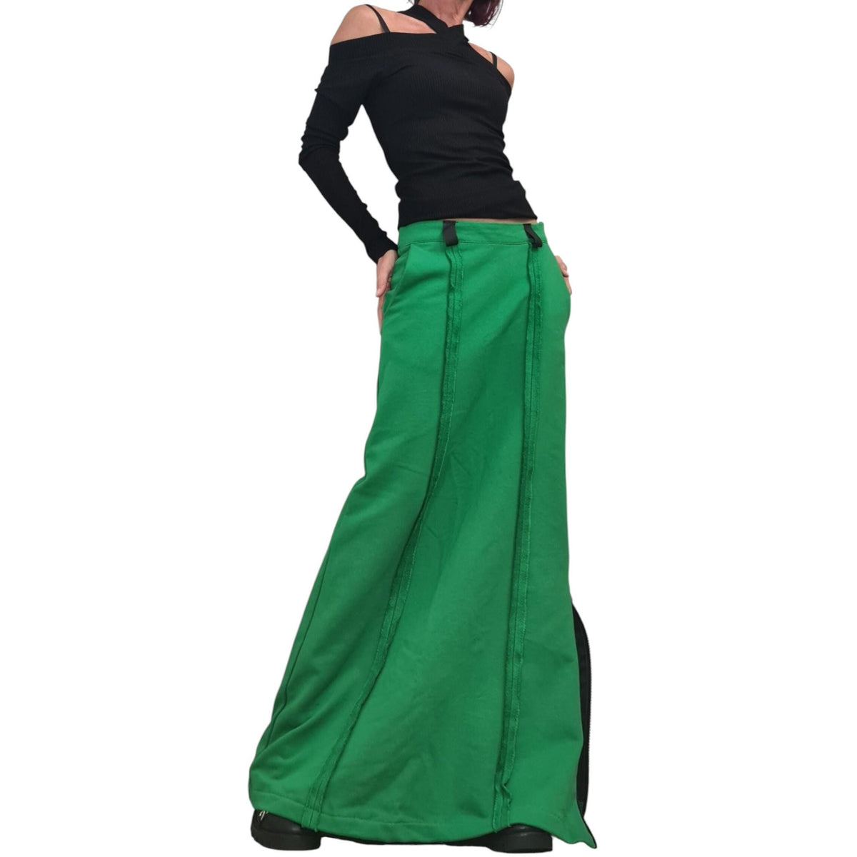 White Maxi Cotton Skirt for Women, Outer Seam, Black Ziperr Detail