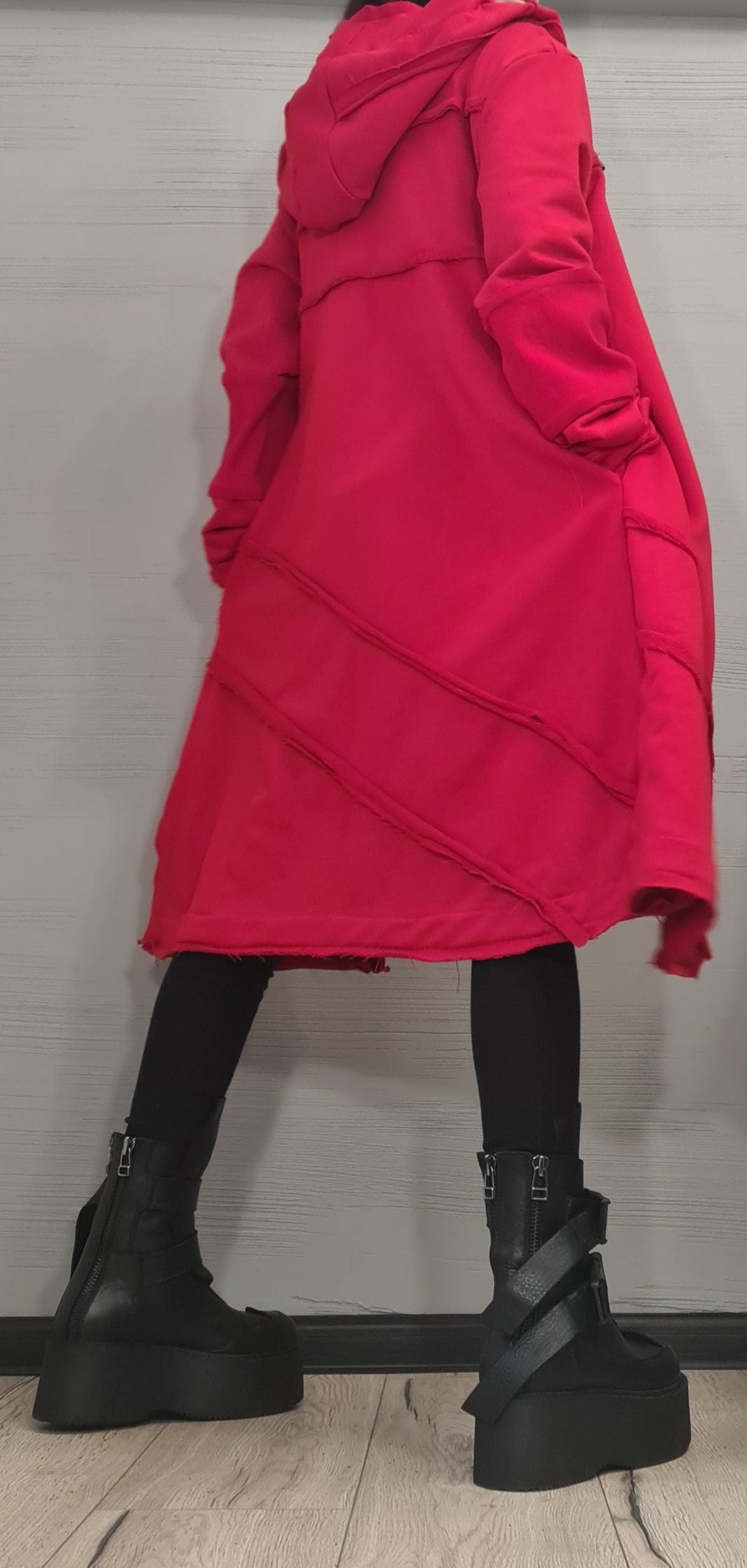 Red Hooded Cotton Coat, Long Plus Size Jacket, Black Buckle Strap Details