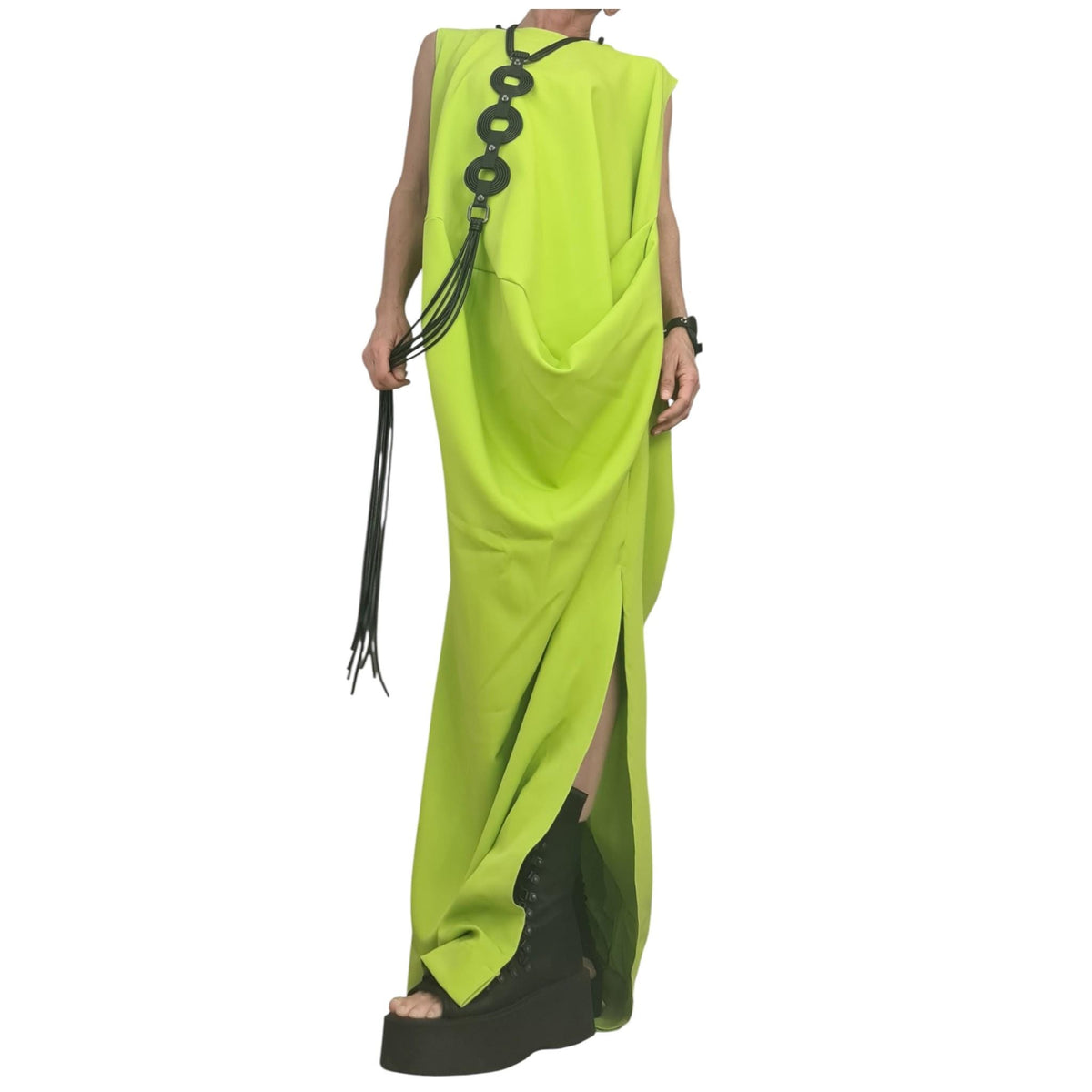 Lime Green Asymmetric Maxi Dress, Avant Garde Loose Drape Style