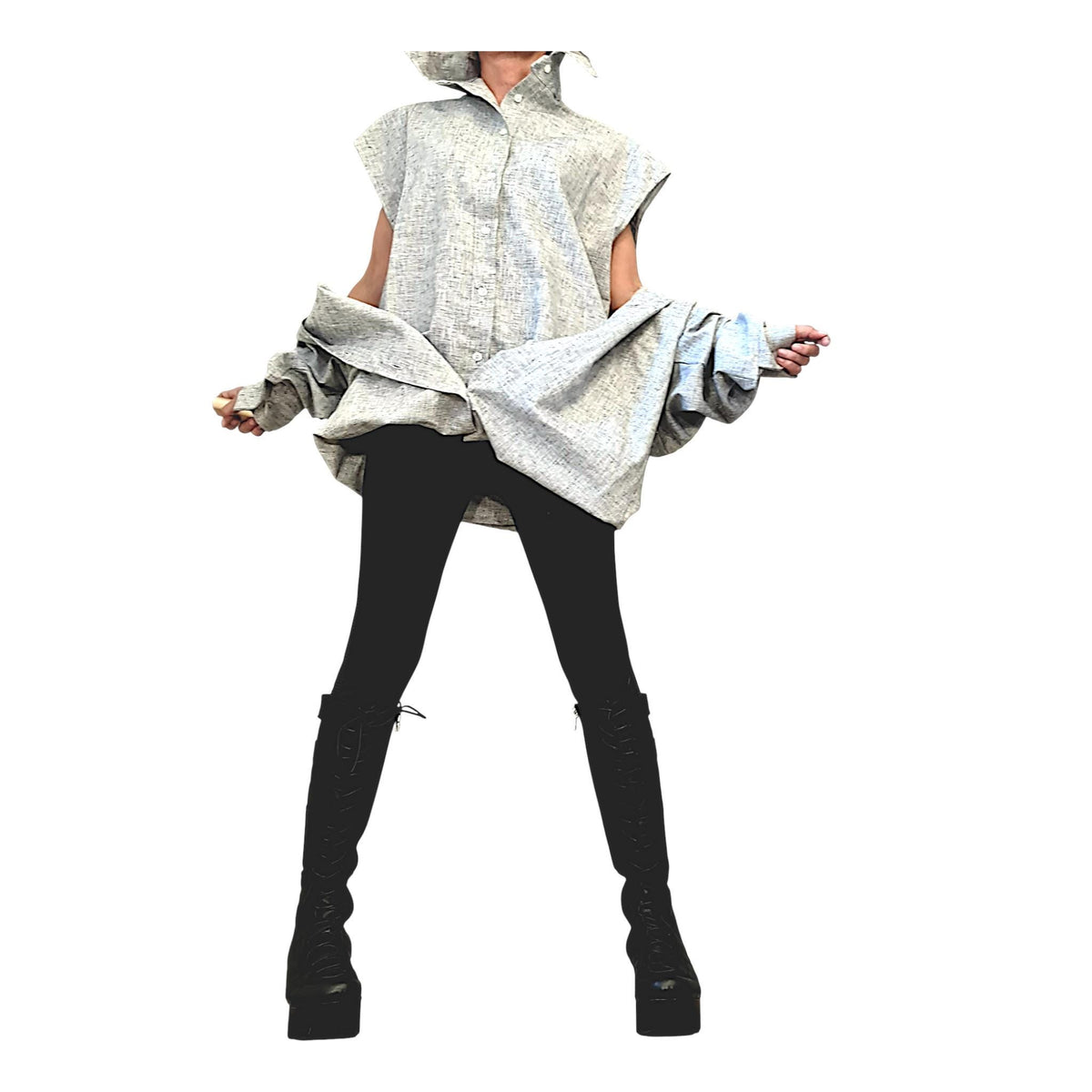 Grey Linen Tunic with Corset, Transformable Shirt Dress, Asymmetric Oversized Kaftan