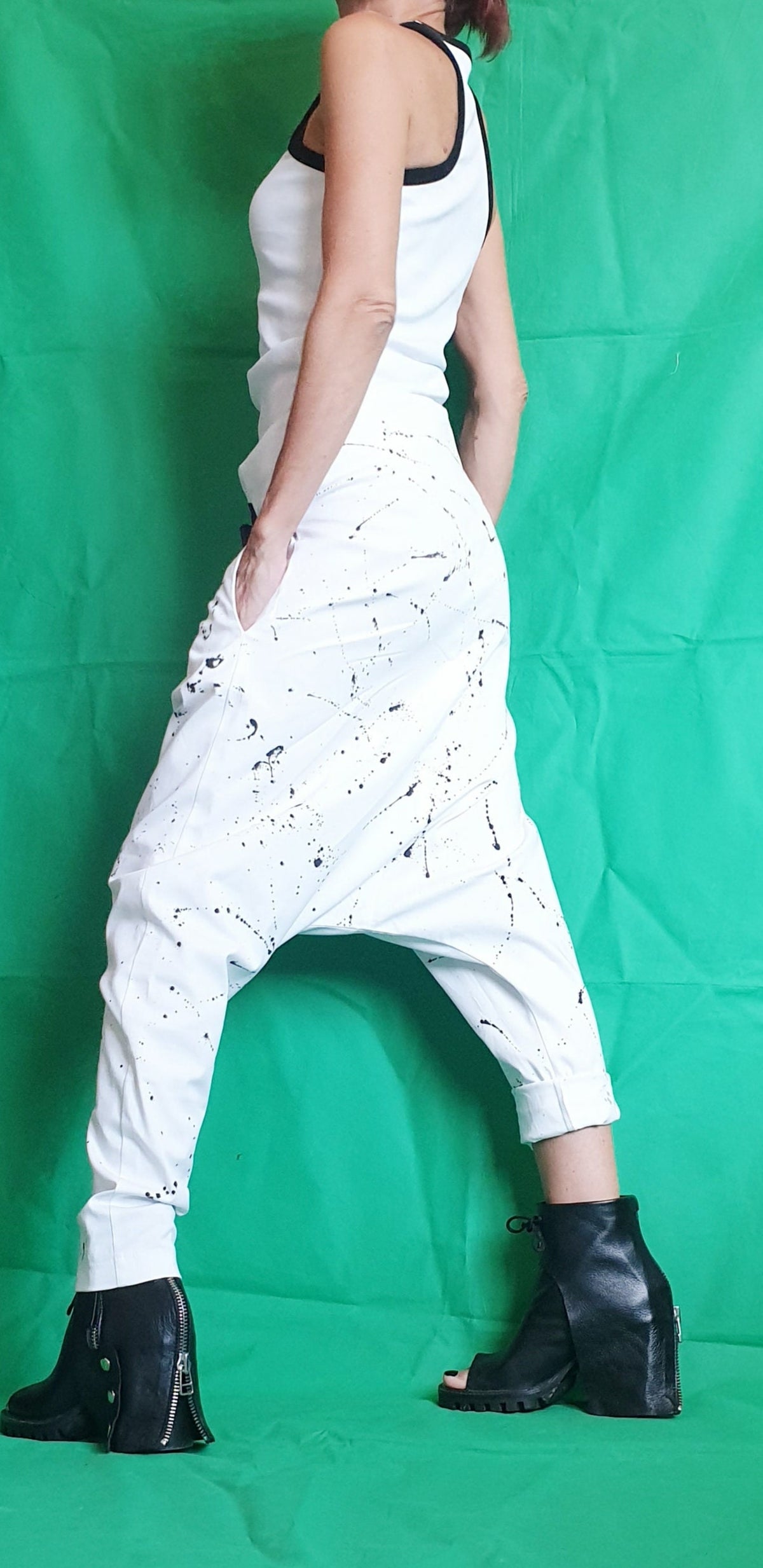 White Cotton Harem Pants, Drop Crotch Trousers, Decorative Buckles, Tapered Leg