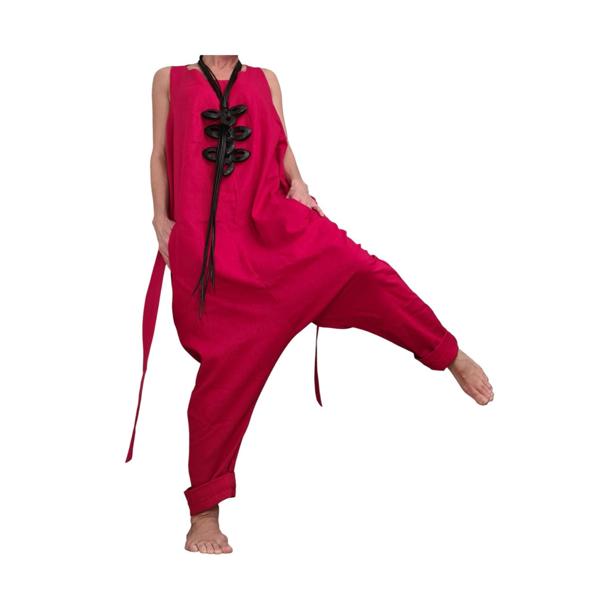 Red Linen Jumpsuit, Sleeveless Wide Leg Overalls, Backless Drop Crotch Outfit