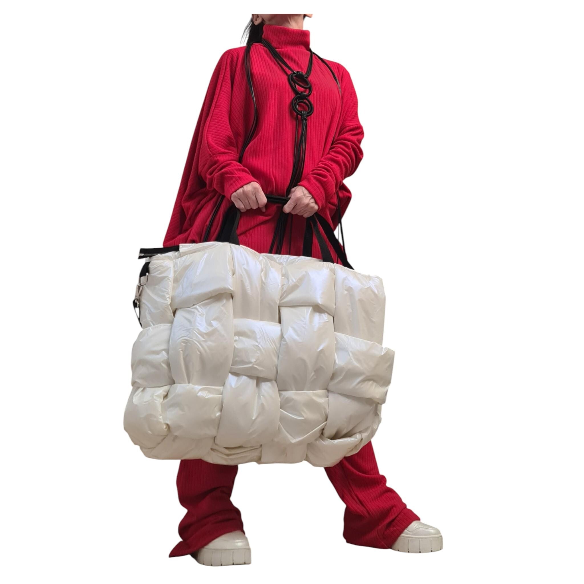 White Pearl Puffer Tote Bag | Woven Oversize Design | women’s clothing | statement