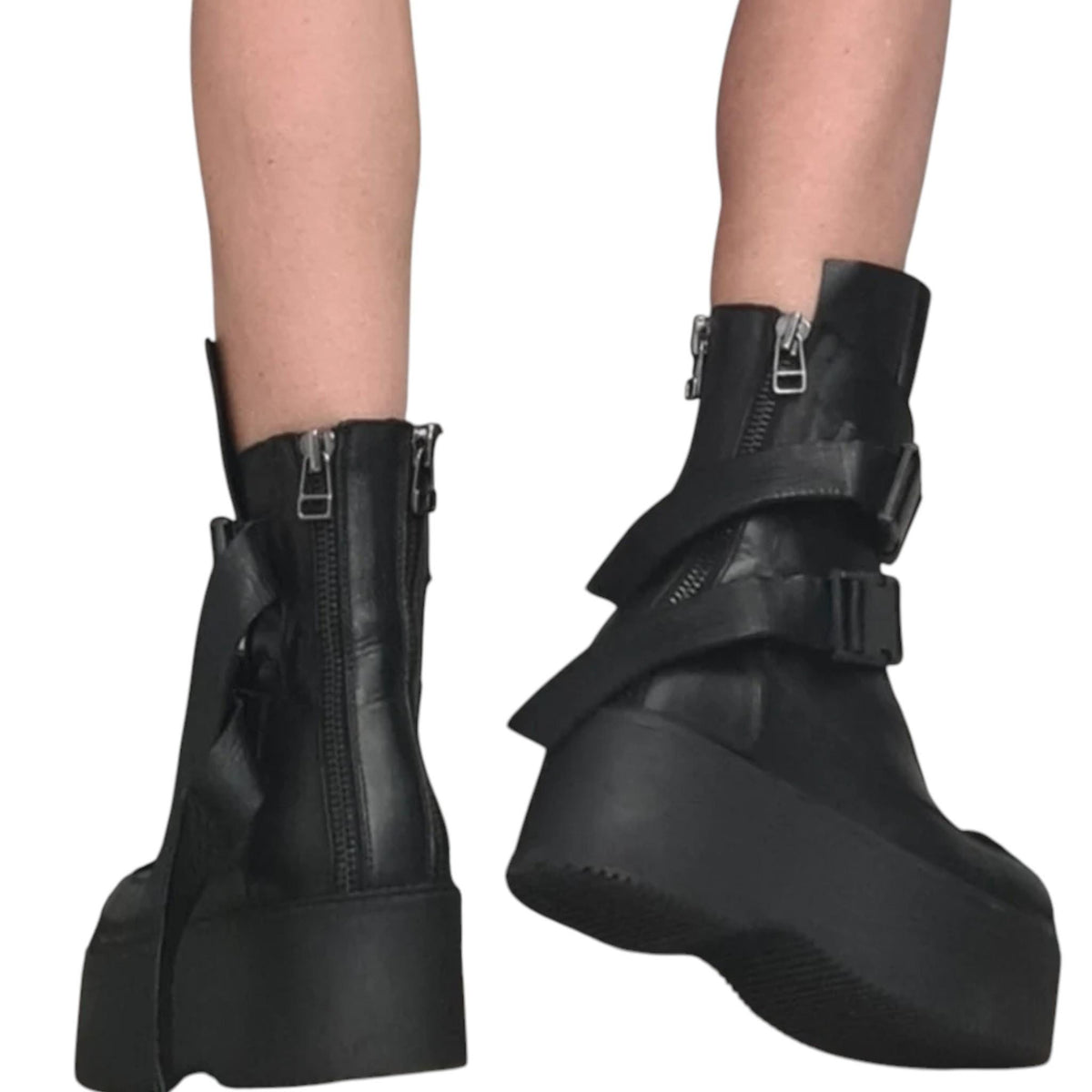 Black Leather Platform Boots, Buckle Strap Ankle Booties, Gothic Grunge Women Footwear