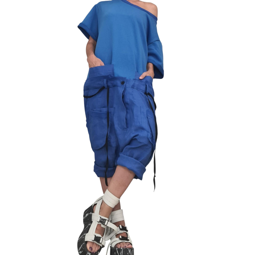 Blue Linen Harem Jumpsuit, Asymmetric Loose Overall, Wide Leg Drop Crotch Summer Romper