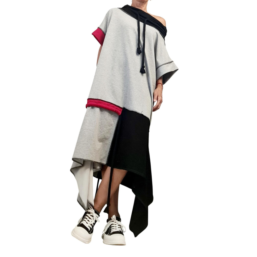 Asymmetric Cotton Patchwork Dress, Oversized Off Shoulder Tunic