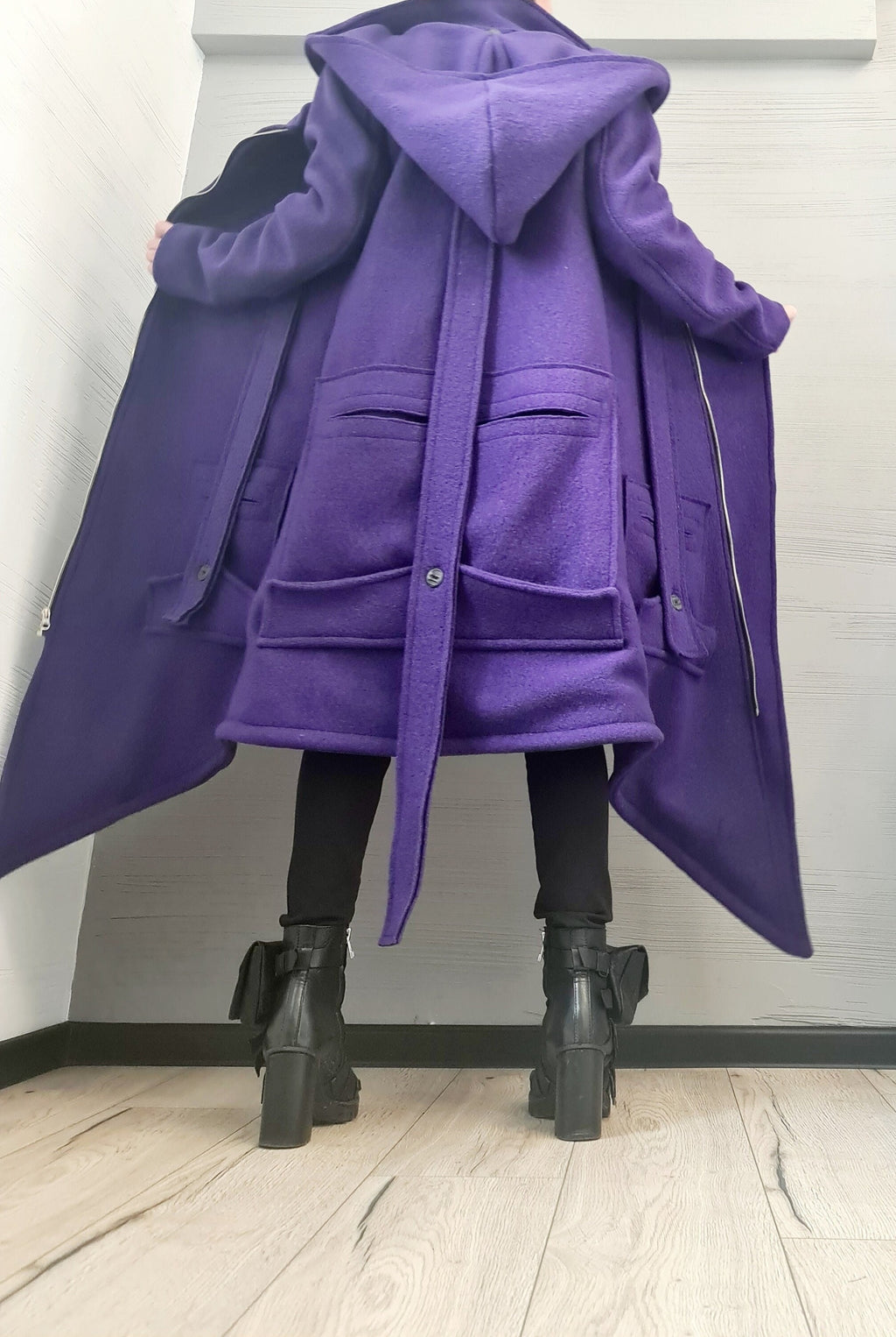 Purple Asymmetric Wool Coat, Long Hooded Jacket with Oversized Patch Pockets, Plus Size
