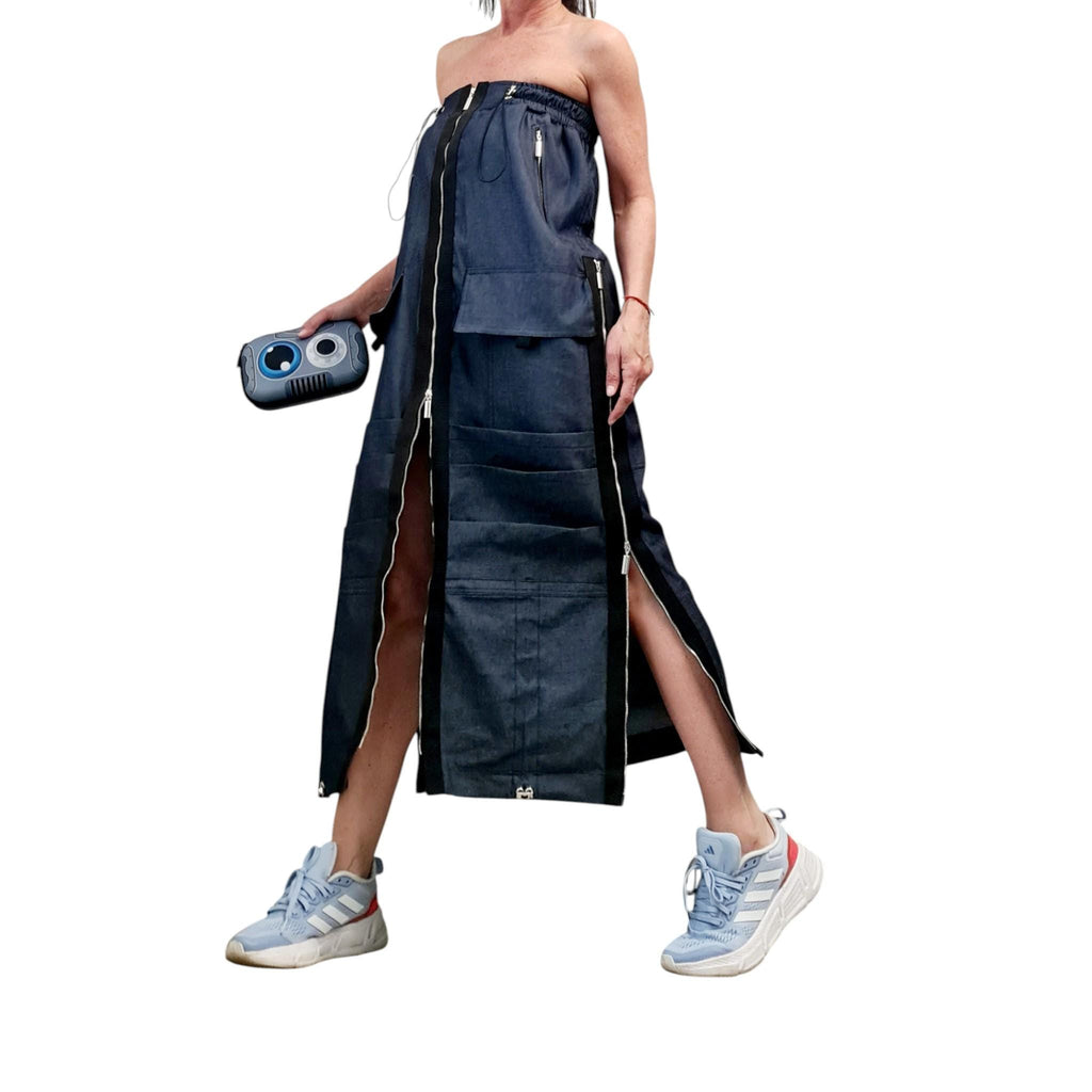 Extravagant Denim Maxi Skirt with Zippers, Cargo Pockets, Convertible Tube Dress, Avant Garde Festival Streetwear, Custom Made