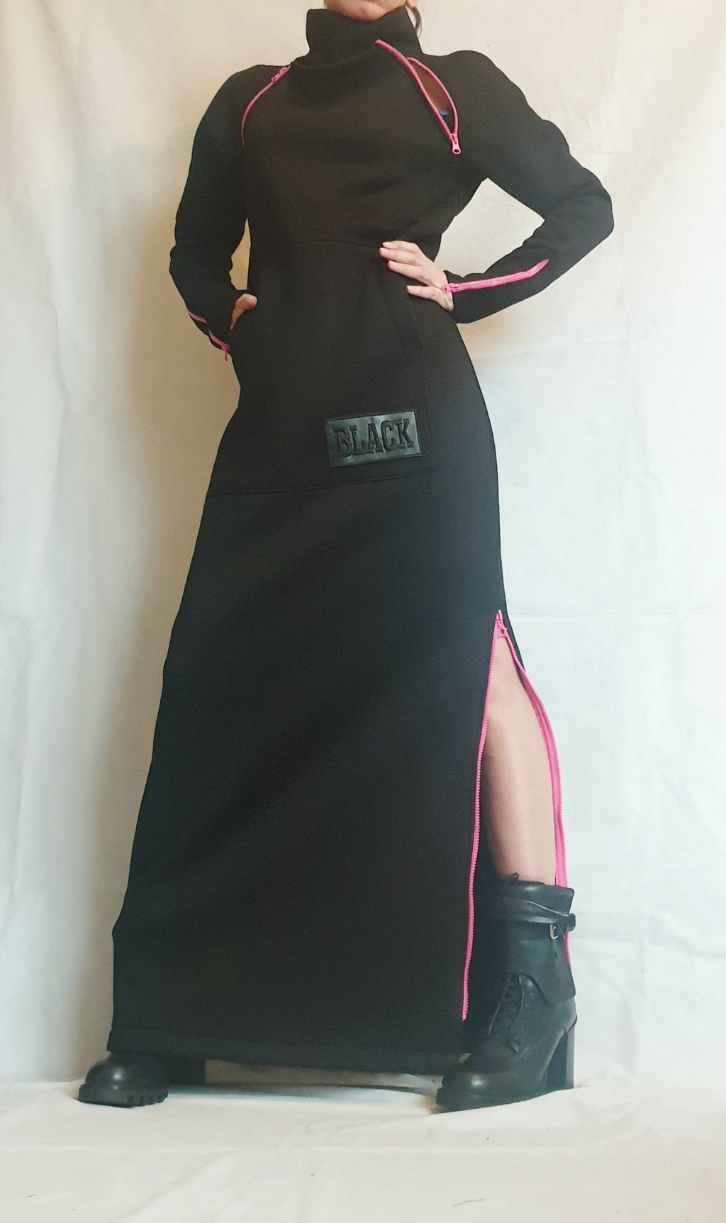 Black Maxi Dress Long Sleeve, Pink Zipper, Handmade Dress for Woman, Plus Size
