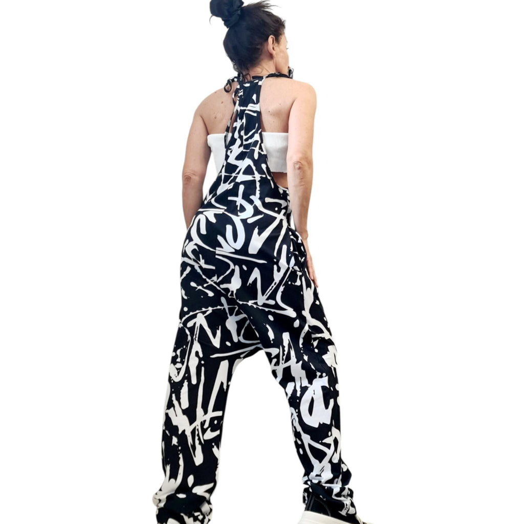 Black White Graffiti Harem Jumpsuit, Loose Drop Crotch Cotton Comfort