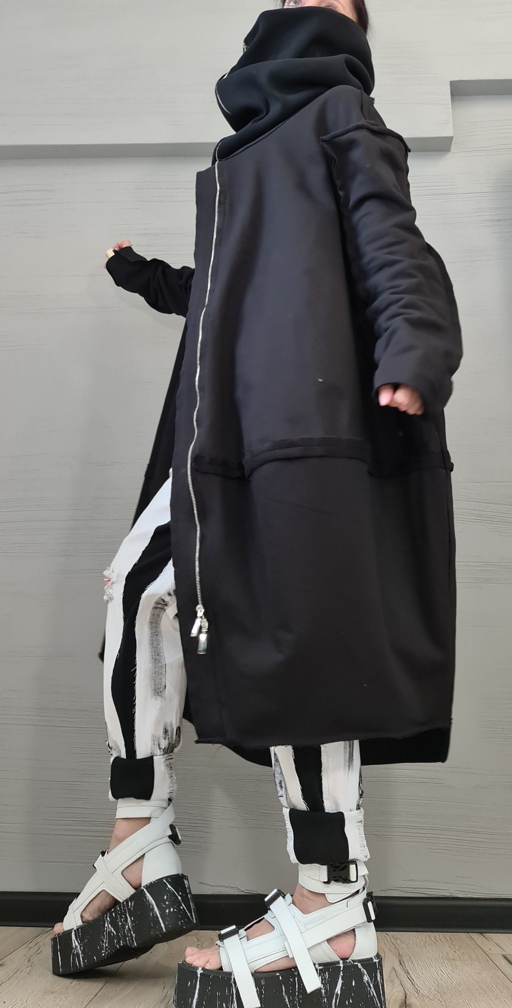 Black Cotton Maxi Sweatshirt, Oversized Jacket with Asymmetrical Zip, High Collar, Plus Size