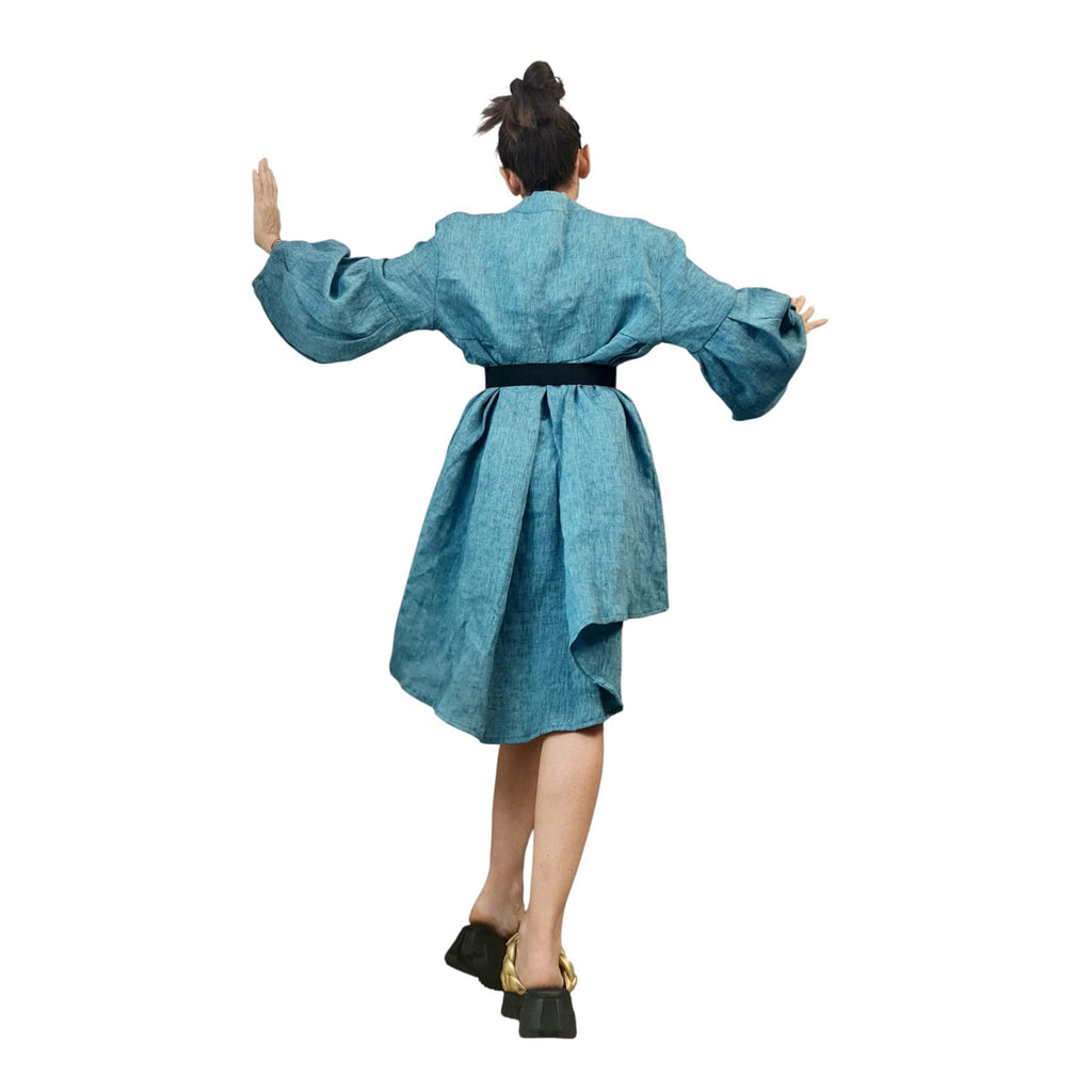 Turquoise Linen Dress for Women, Handmade Clothing, Oversized Asymmetrical Tunic, Balloon Sleeves