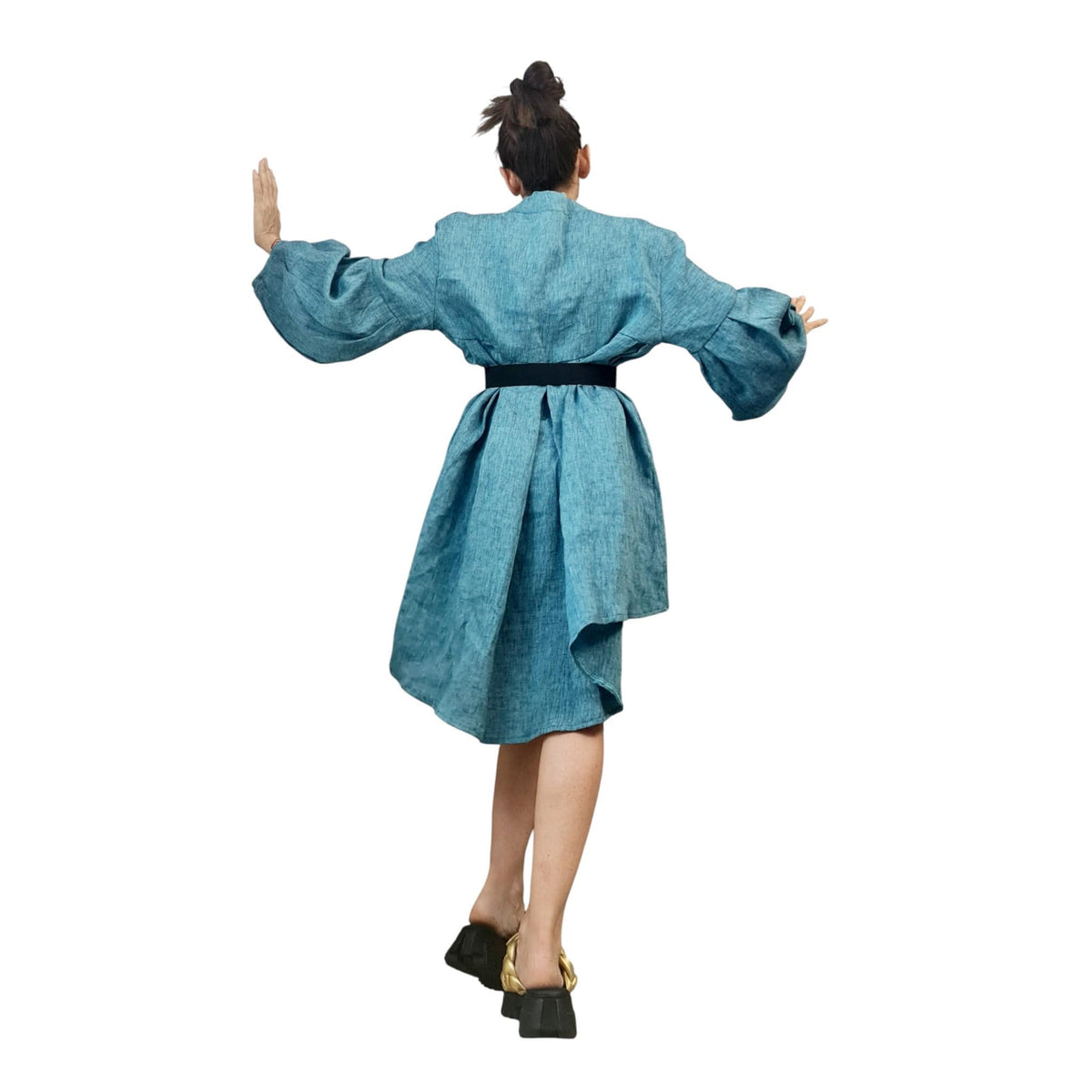 Turquoise Linen Dress for Women, Handmade Clothing, Oversized Asymmetrical Tunic, Balloon Sleeves