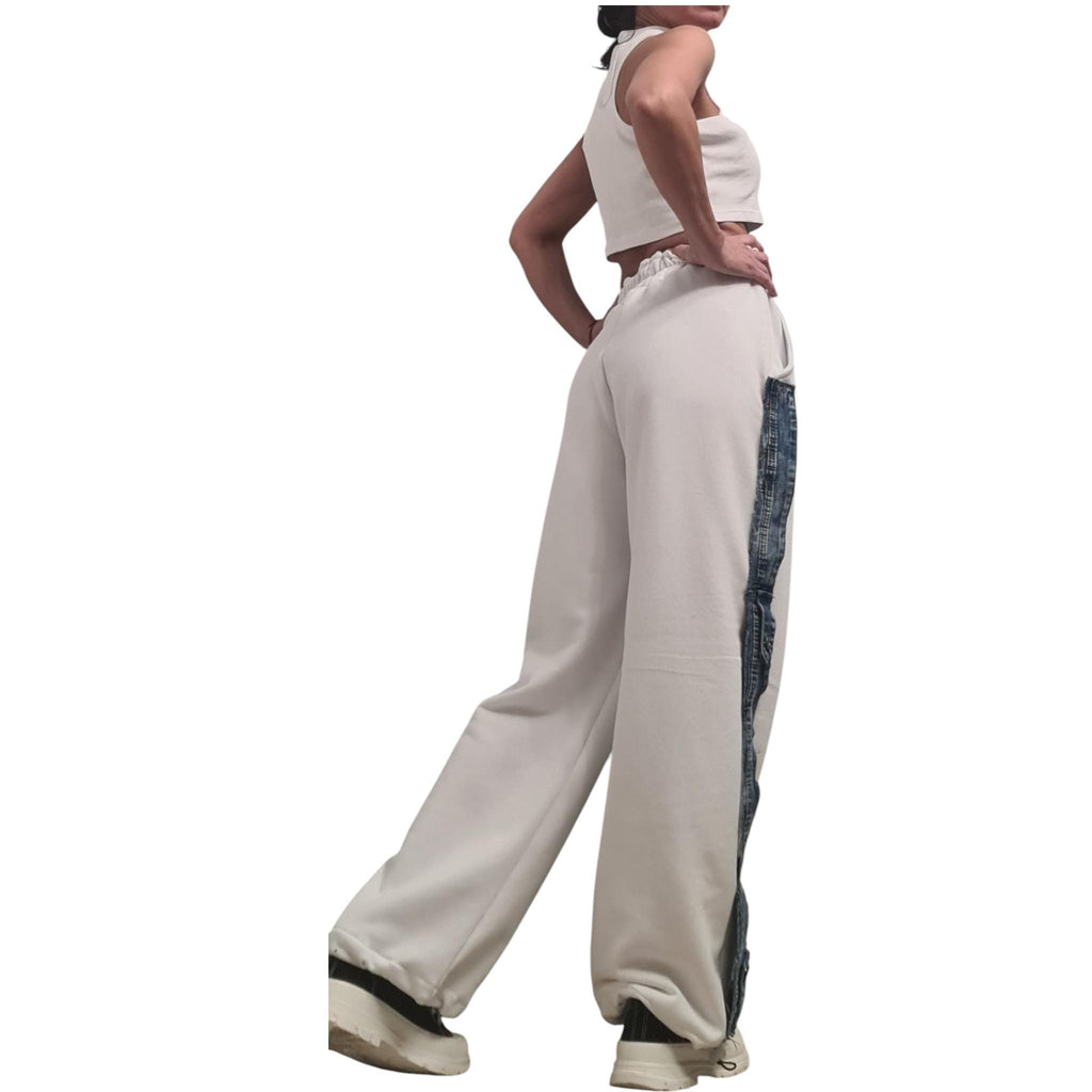 White French Terry Jogger Pants, Denim Side Detail, Color Block