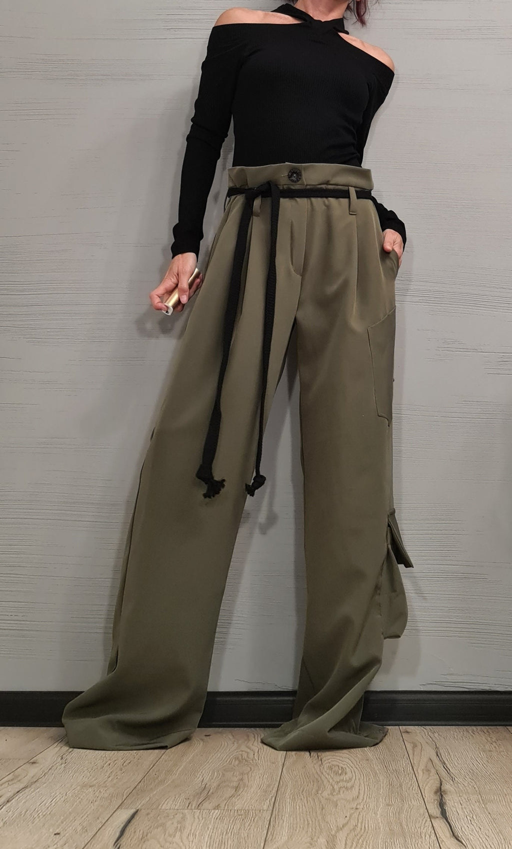 Military Green Cargo Pants, Wide Leg Trousers, High Waist