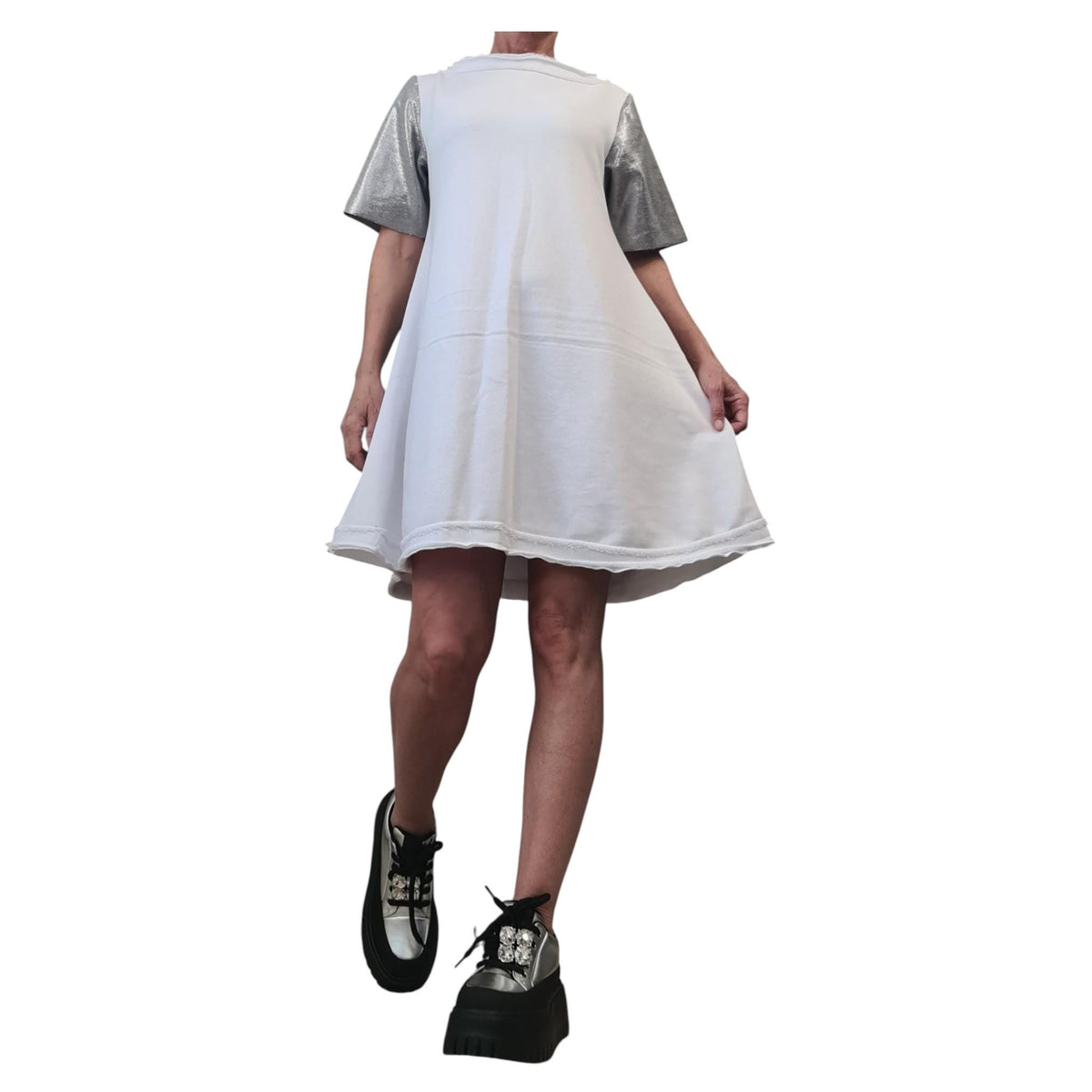 White Cotton Tunic Dress, Metallic Sleeves, Loose Fit, Plus Size Dress