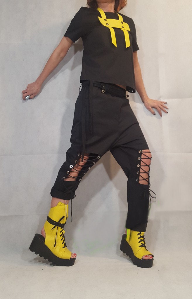 Black Cotton Lace-Up Harem Pants, Drop Crotch, Open Back Blouse, Two Piece Co-Ord Set