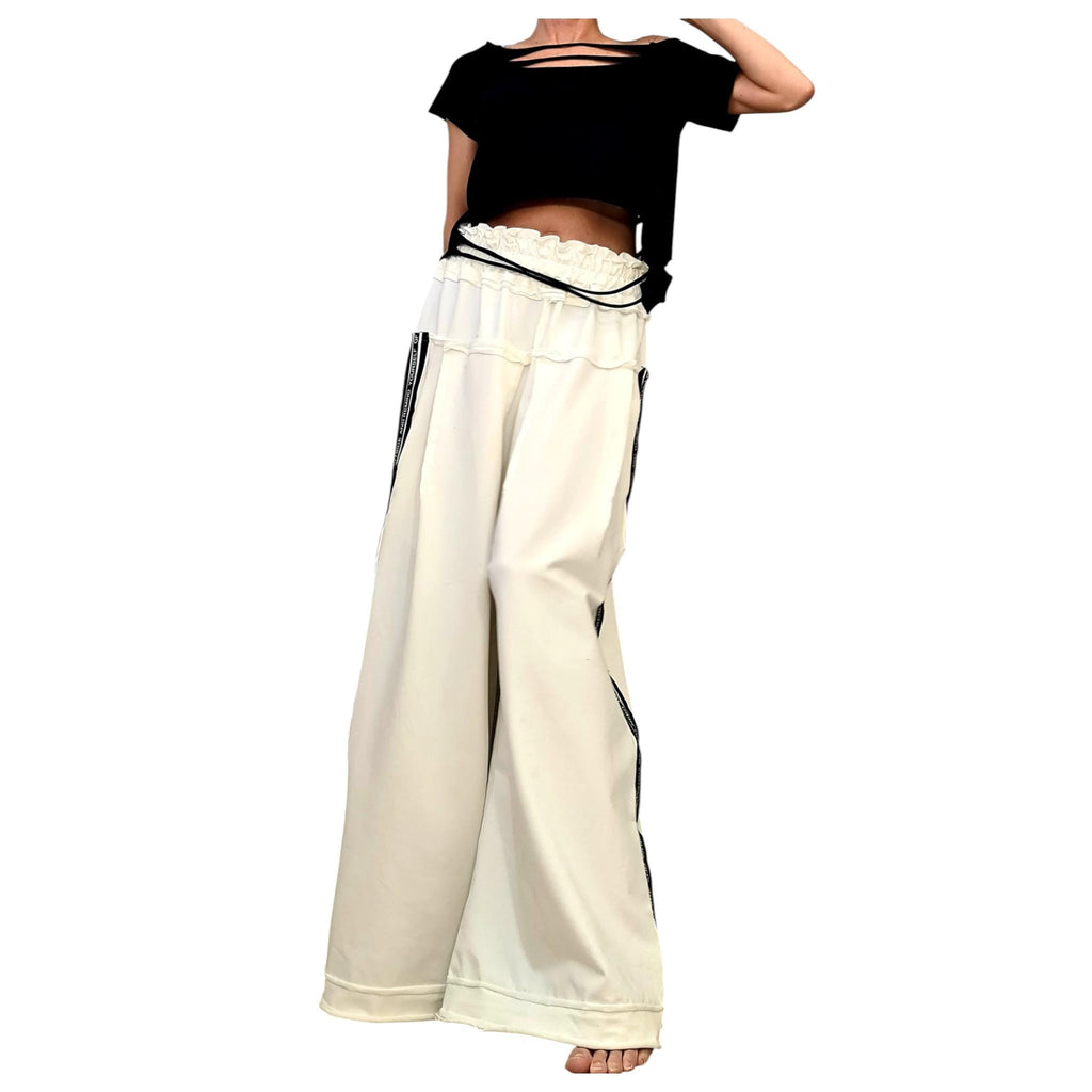 Ivory French Terry Wide Leg Pants, Relaxed Cotton Trousers, Elastic Waist
