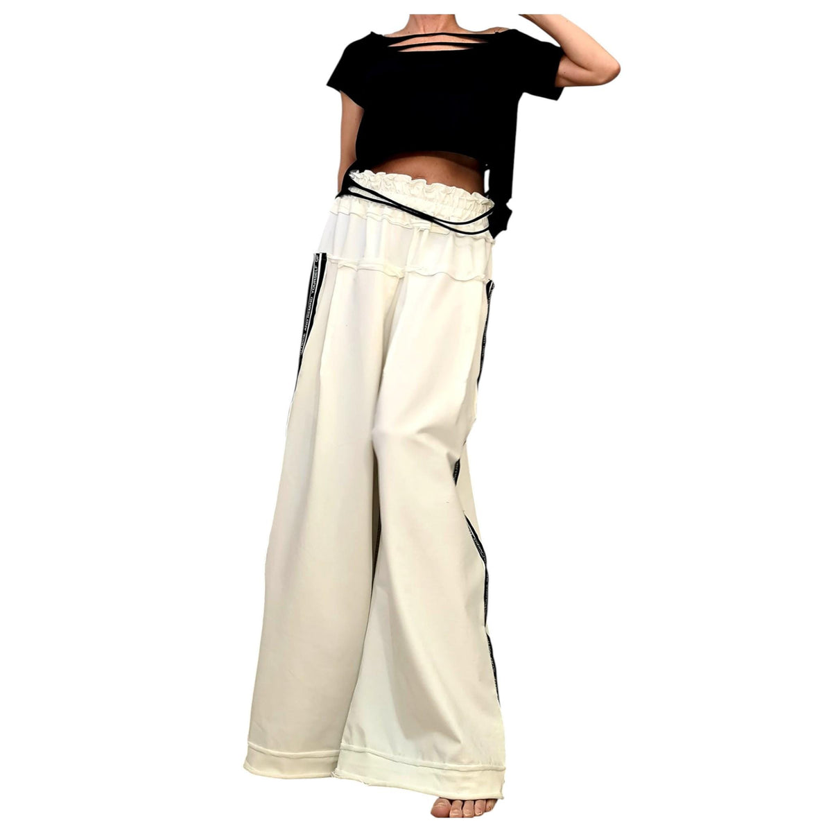Ivory French Terry Wide Leg Pants, Relaxed Cotton Trousers, Elastic Waist