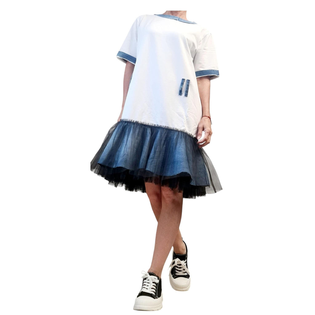 Oversized Cotton Tunic Dress, Denim Elements, Layered Tulle Skirt, Streetwear Style