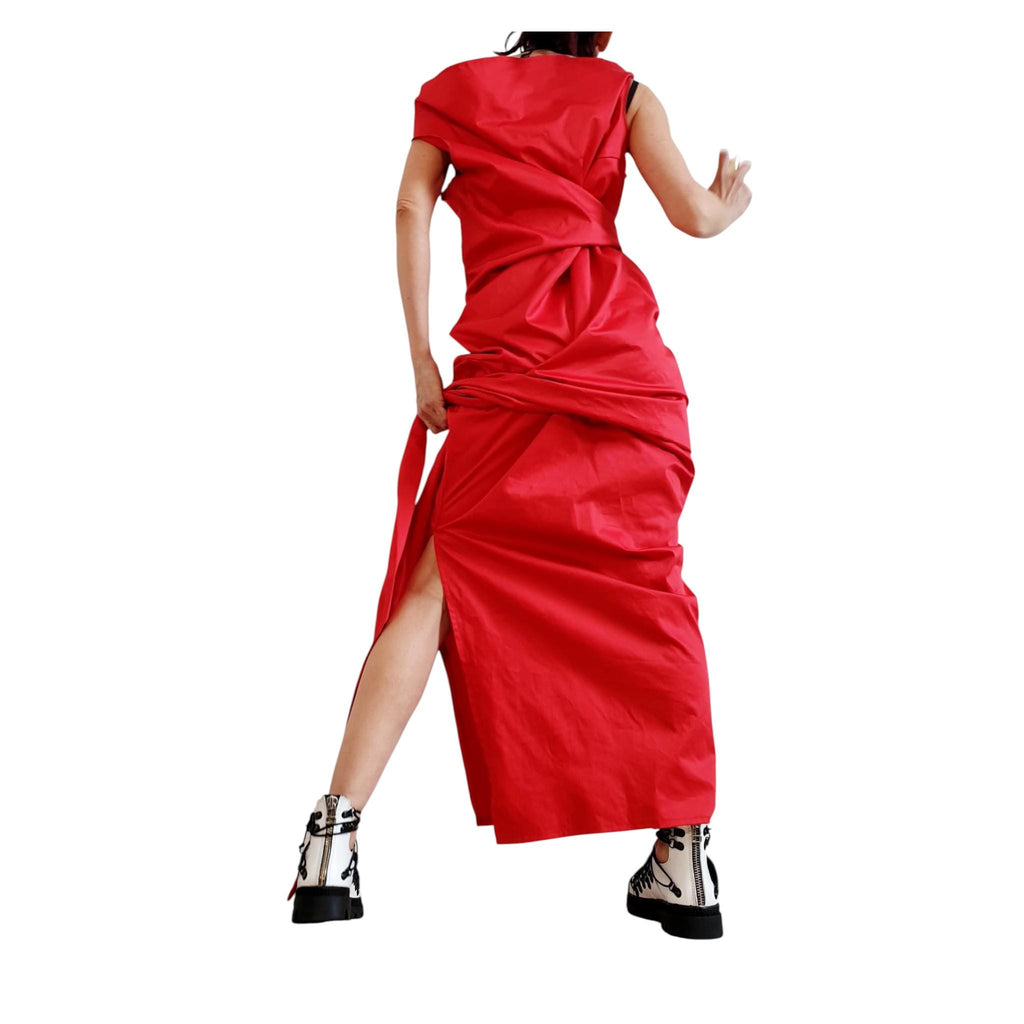Red Asymmetric Long Dress, Plus Size Clothing, Sleeveless One Shoulder Cocktail Dress