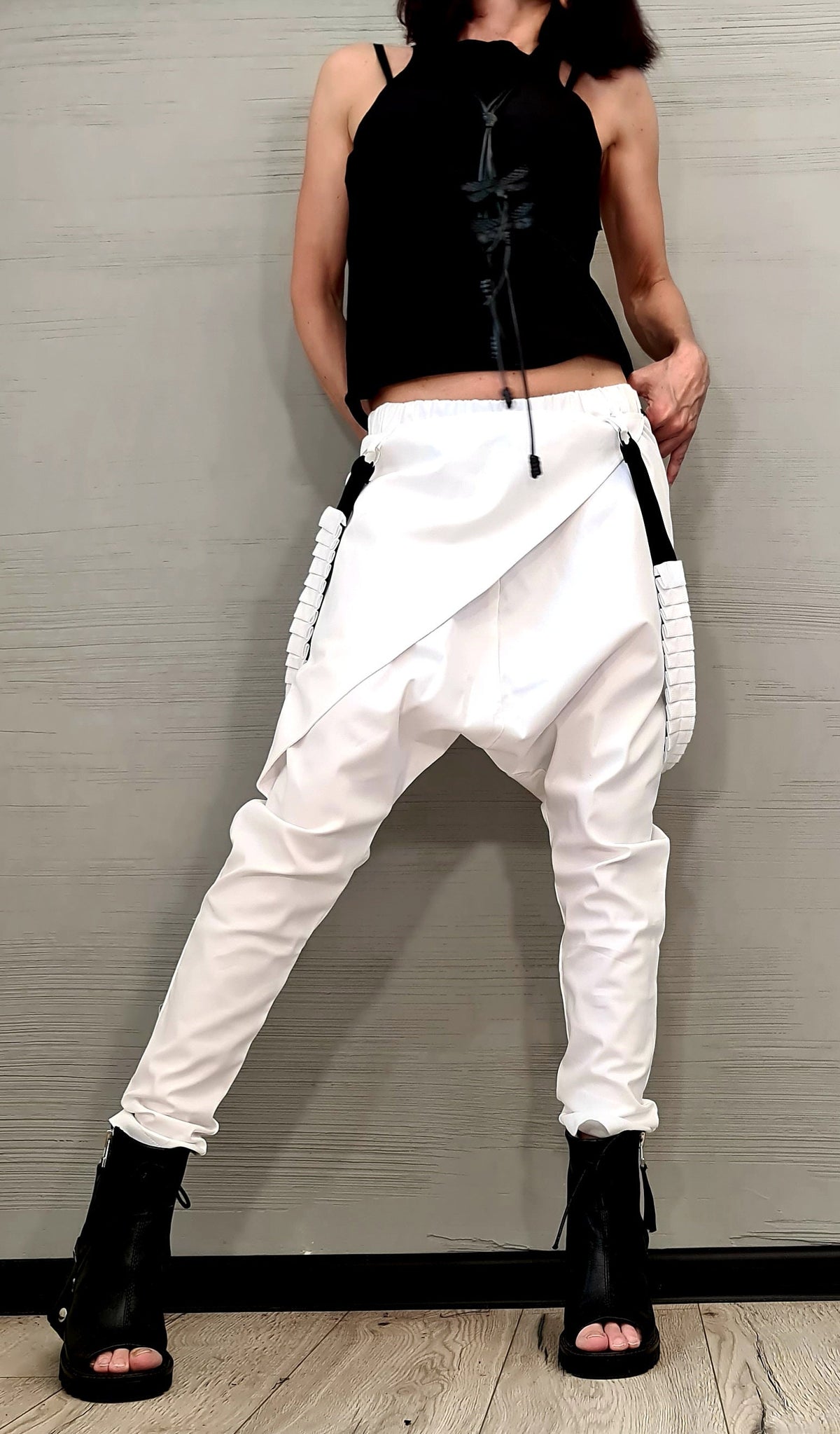 White Harem Pants, Wrap Front Design, Slim Leg, Decorative Suspenders, Wedding Outfit