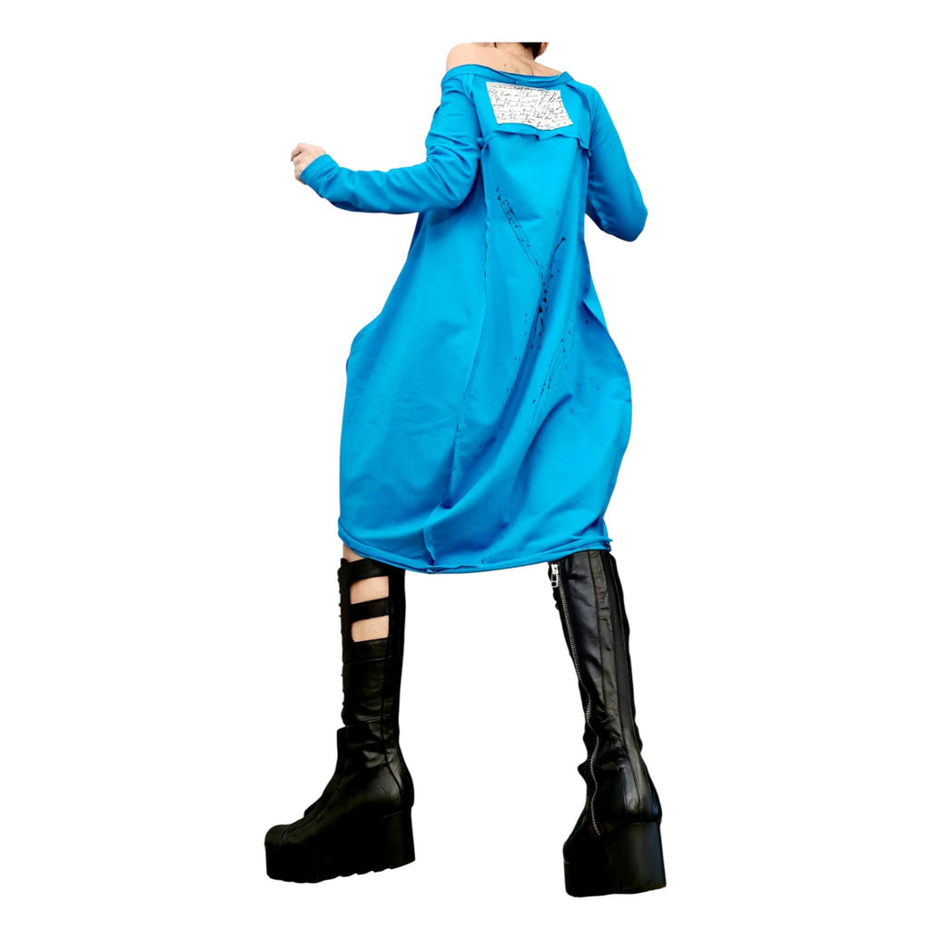 Turquoise Blue French Terry Dress, One Shoulder Oversized Tunic, Asymmetric Shape