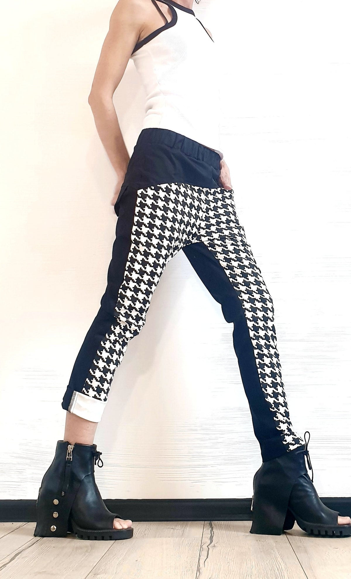 Houndstooth Panel Pants, Color Block, Slim Tapered Leg, Cotton Trousers