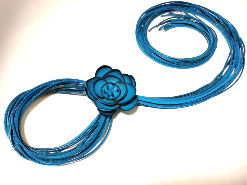 Blue Leather Flower Necklace, Handmade Avant Garde Long Necklace