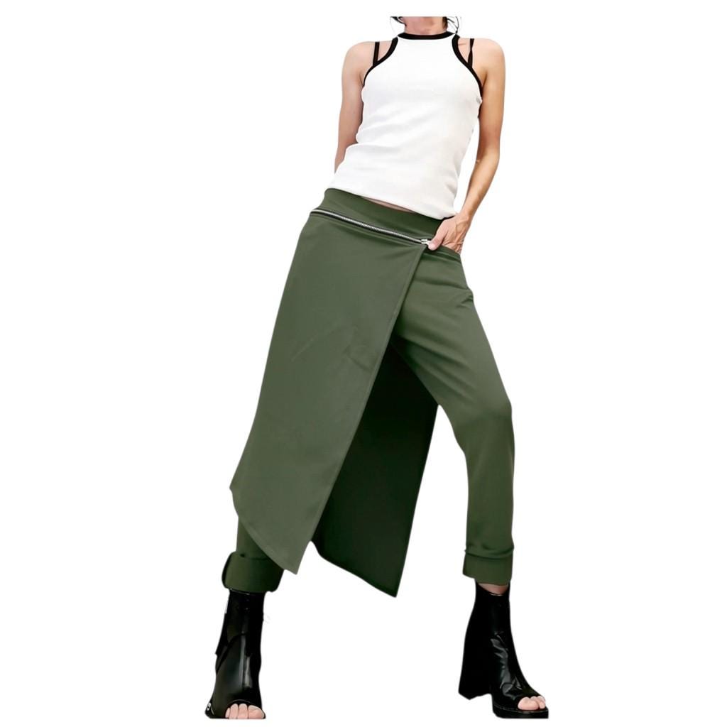 Military Green Asymmetric Pants, French Terry Trousers, Wrap Skirt Overlay