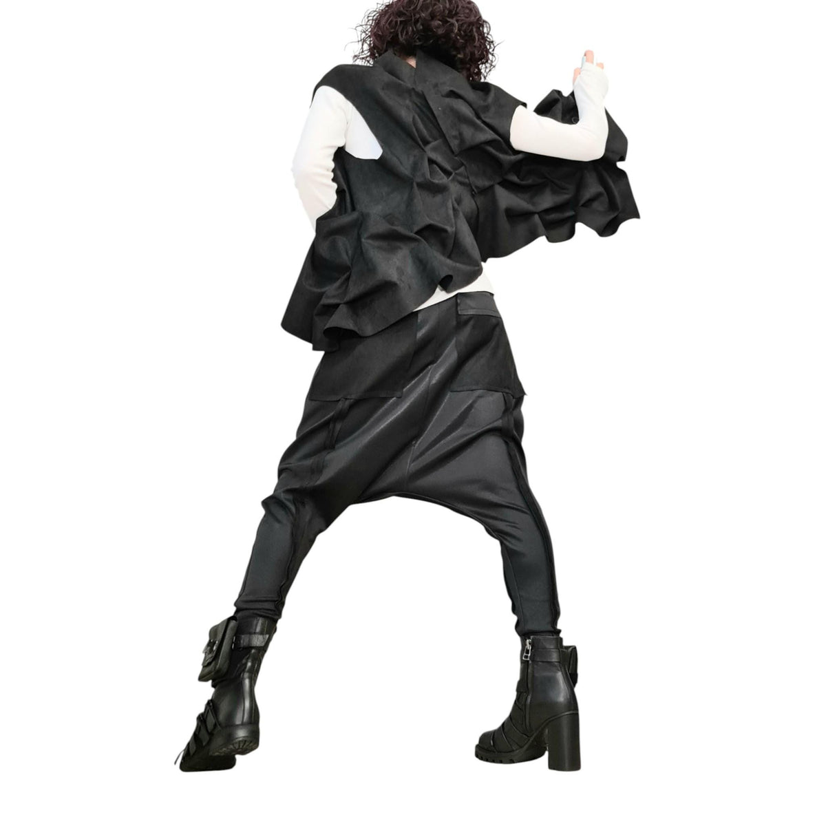 Black Neoprene Harem Pants, Tapered Legs, Ruched Asymmetrical Vest, Two Piece Co-Ord Set